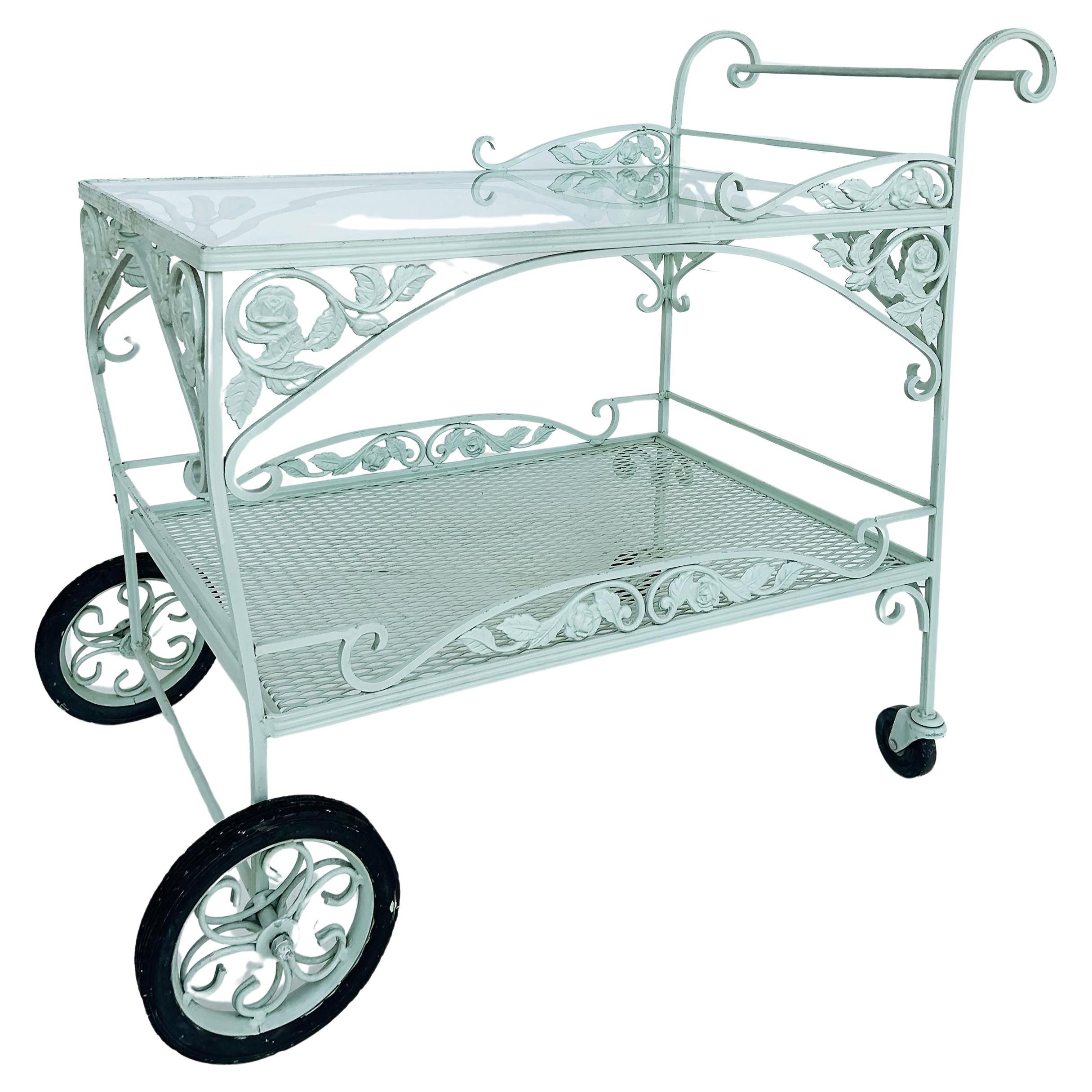 American Russell Woodard Wrought Iron Patio/Serving/Bar/Tea Cart With Floral Decoration For Sale