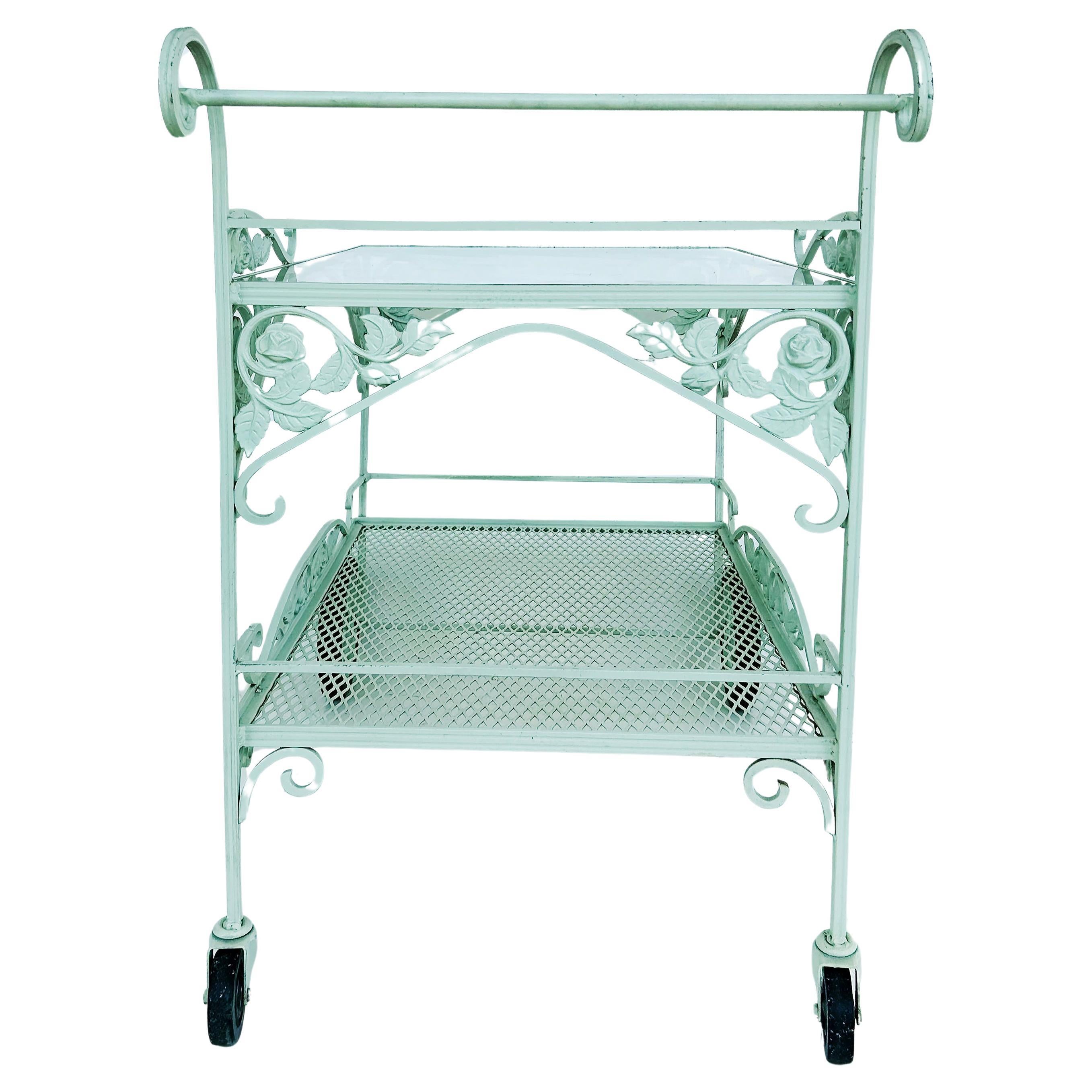 Painted Russell Woodard Wrought Iron Patio/Serving/Bar/Tea Cart With Floral Decoration For Sale