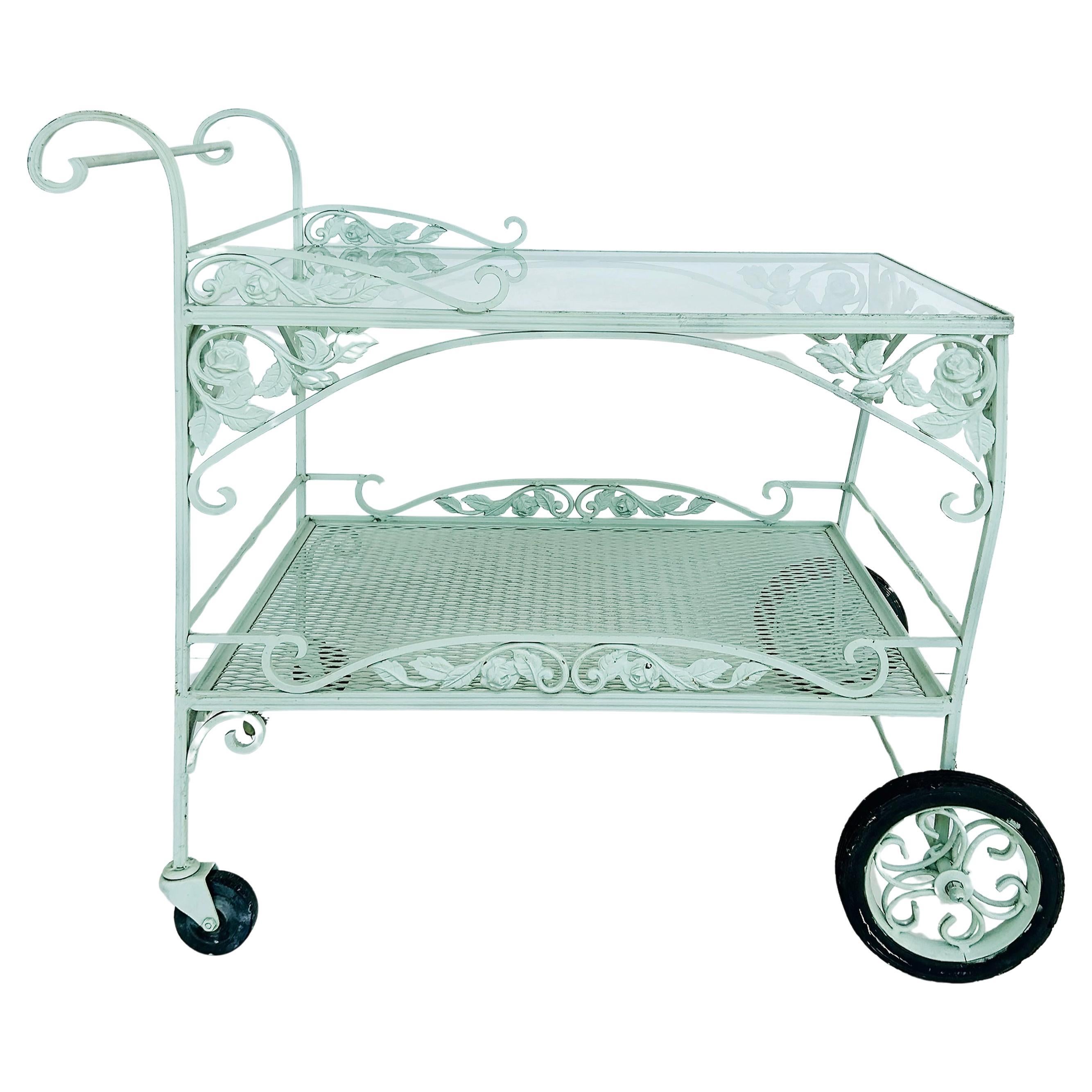 Russell Woodard Wrought Iron Patio/Serving/Bar/Tea Cart With Floral Decoration In Good Condition For Sale In Miami, FL