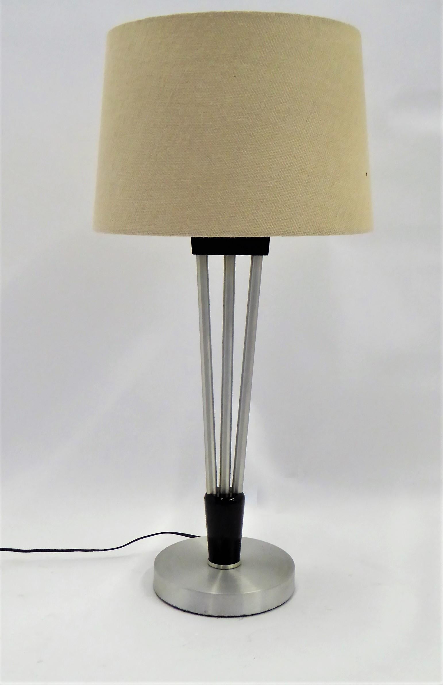 Mid-Century Modern  Russell Wright Spun Aluminum and Black Wood Table Lamp with Milk Glass Globe