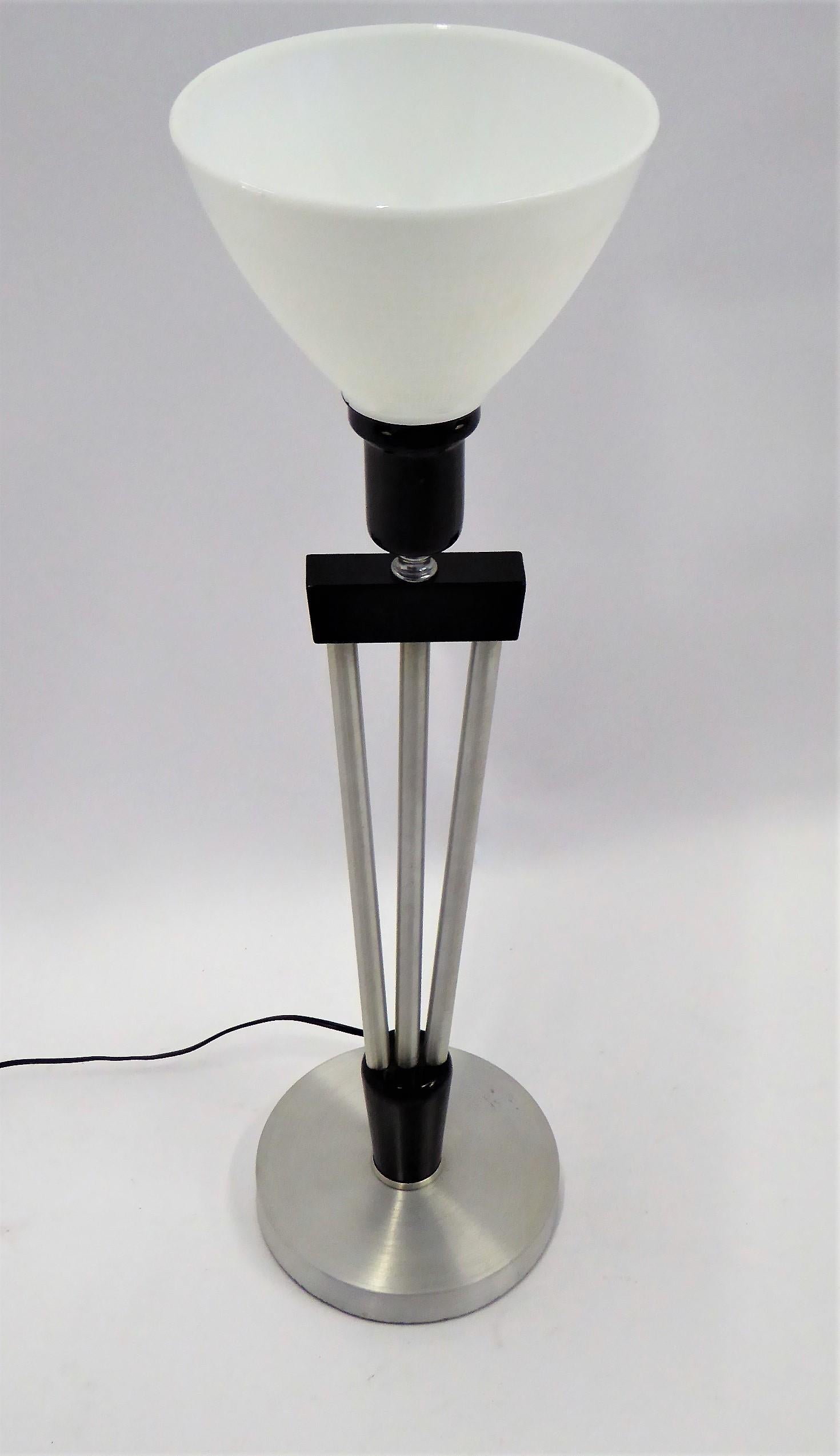 American  Russell Wright Spun Aluminum and Black Wood Table Lamp with Milk Glass Globe