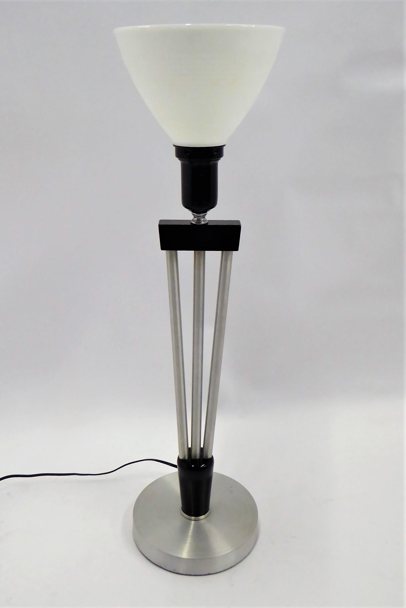  Russell Wright Spun Aluminum and Black Wood Table Lamp with Milk Glass Globe In Good Condition In Miami, FL