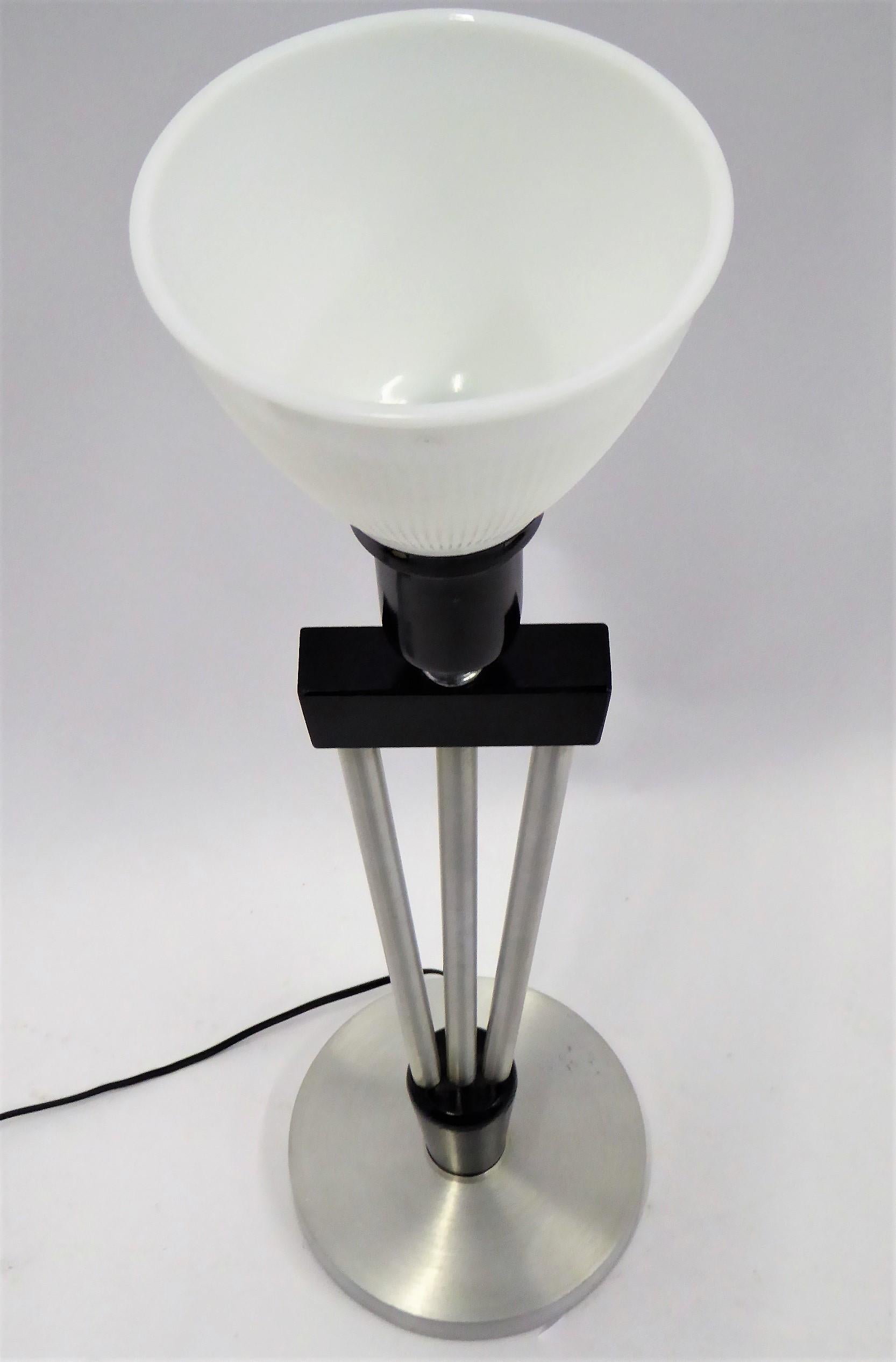  Russell Wright Spun Aluminum and Black Wood Table Lamp with Milk Glass Globe 1