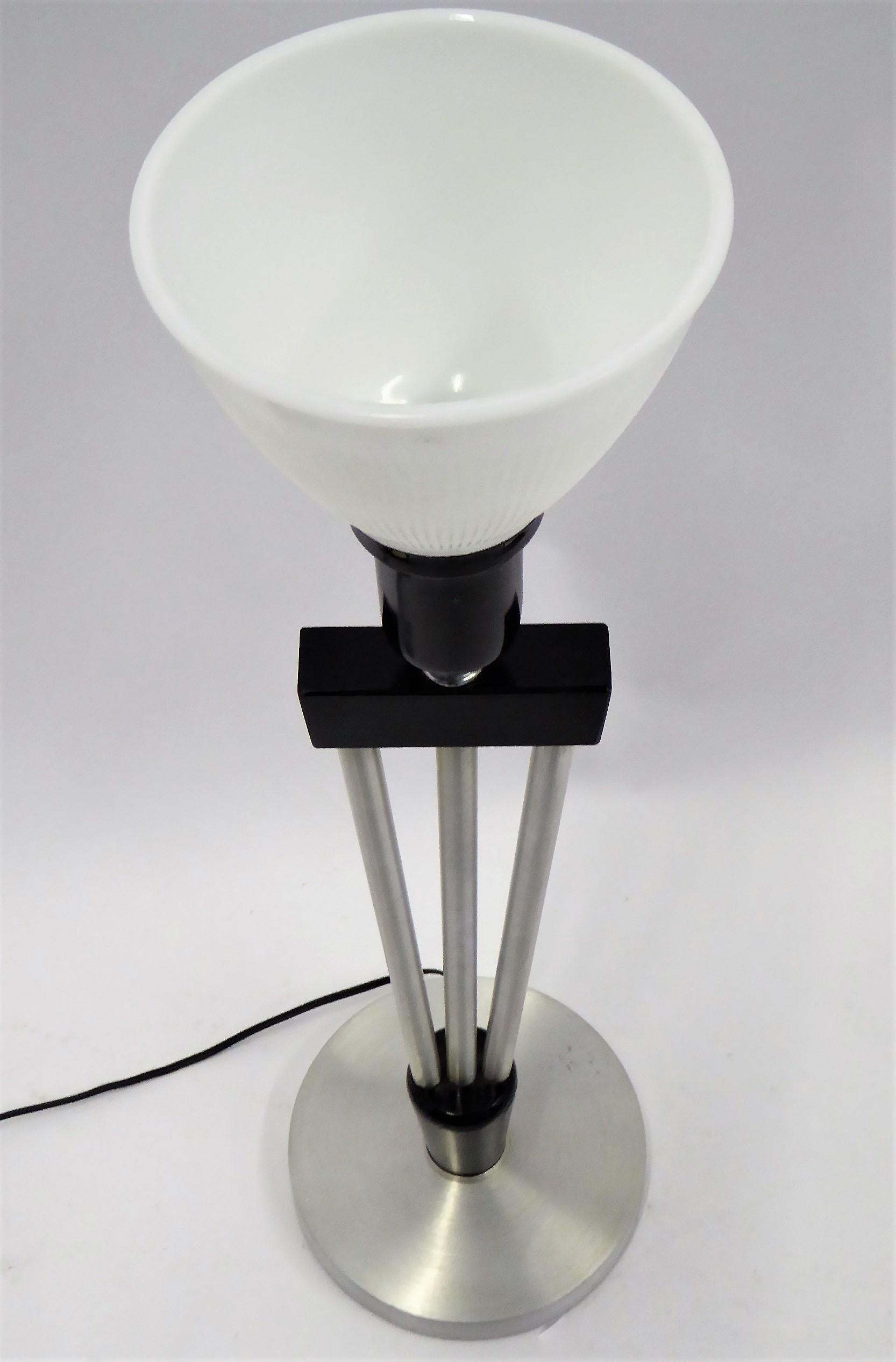 Russell Wright Spun Aluminum and Black Wood Table Lamp with Milk Glass Globe 1