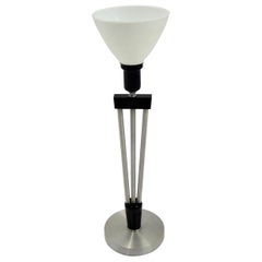  Russell Wright Spun Aluminum and Black Wood Table Lamp with Milk Glass Globe