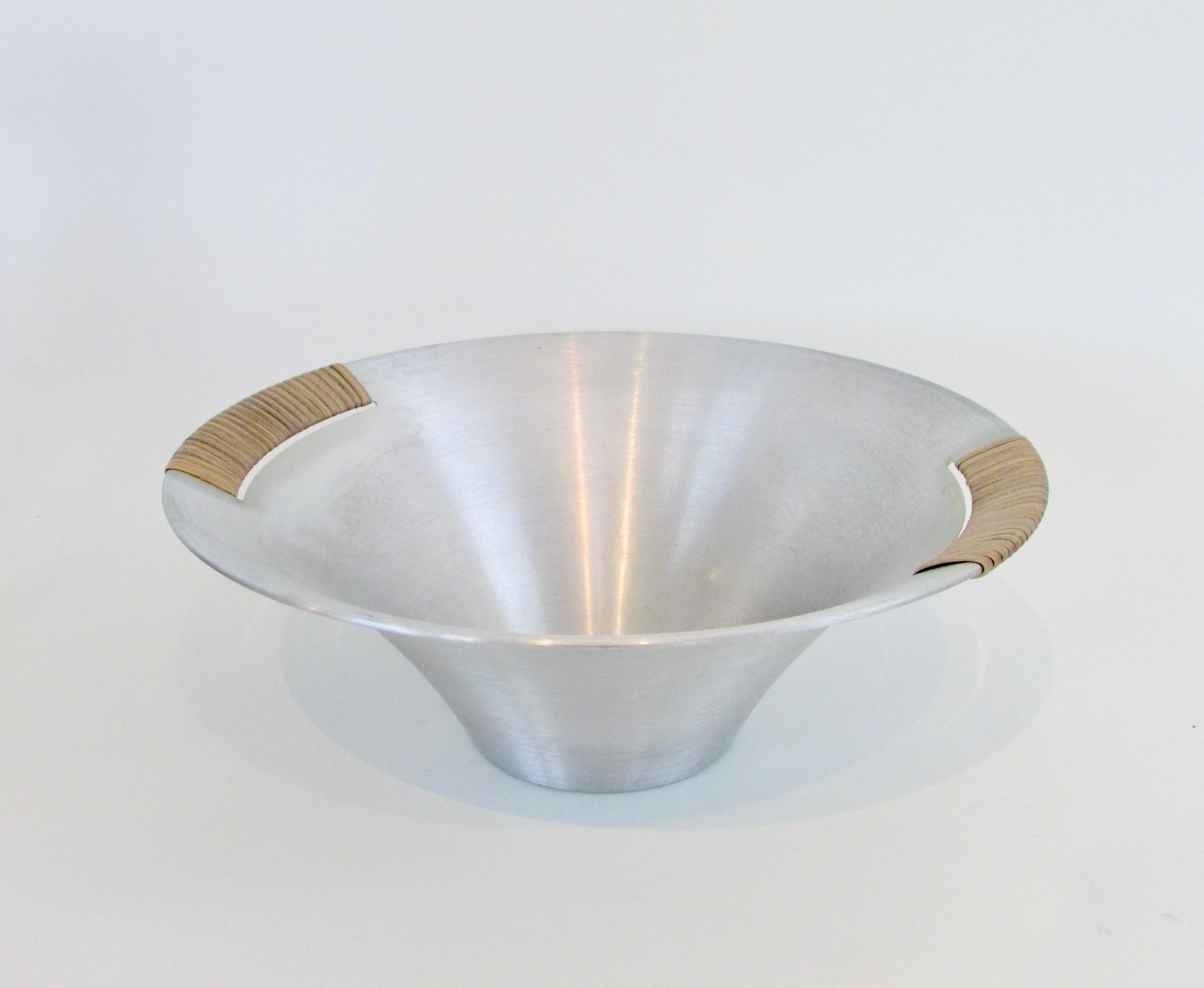 20th Century Russell Wright spun aluminum bowl with raffia wrap . 