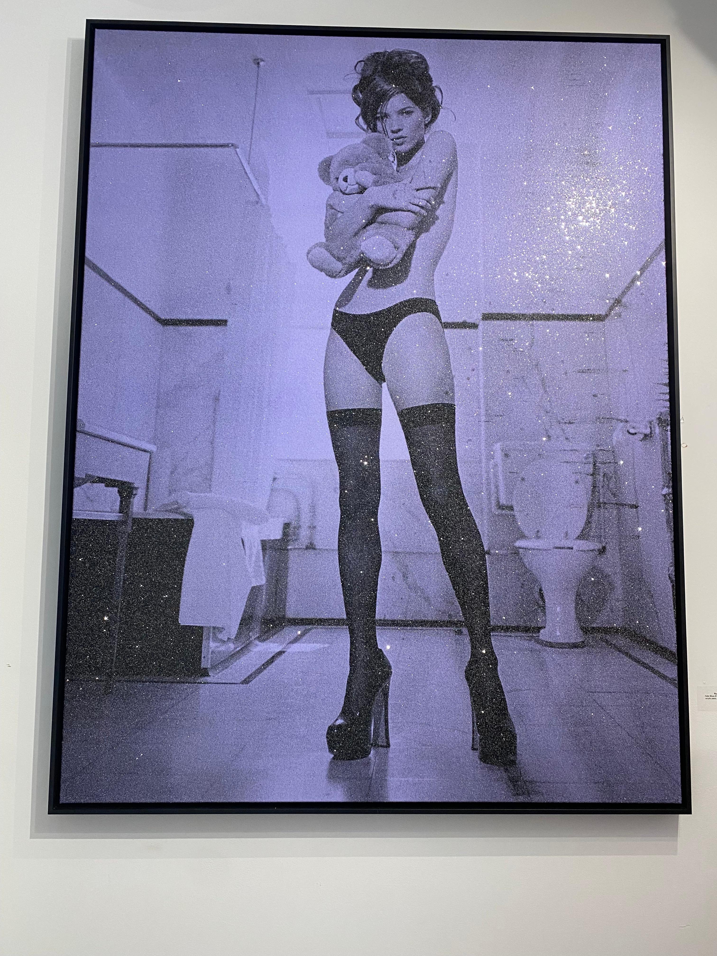 Fashion shot of Kate Moss.  Acrylic paint.  Hand pulled enamel screen print and diamond dust on linen.  Stretched on black frame. 

About the Artist:

Russell Young currently lives and works in California and Brooklyn. Having been featured in