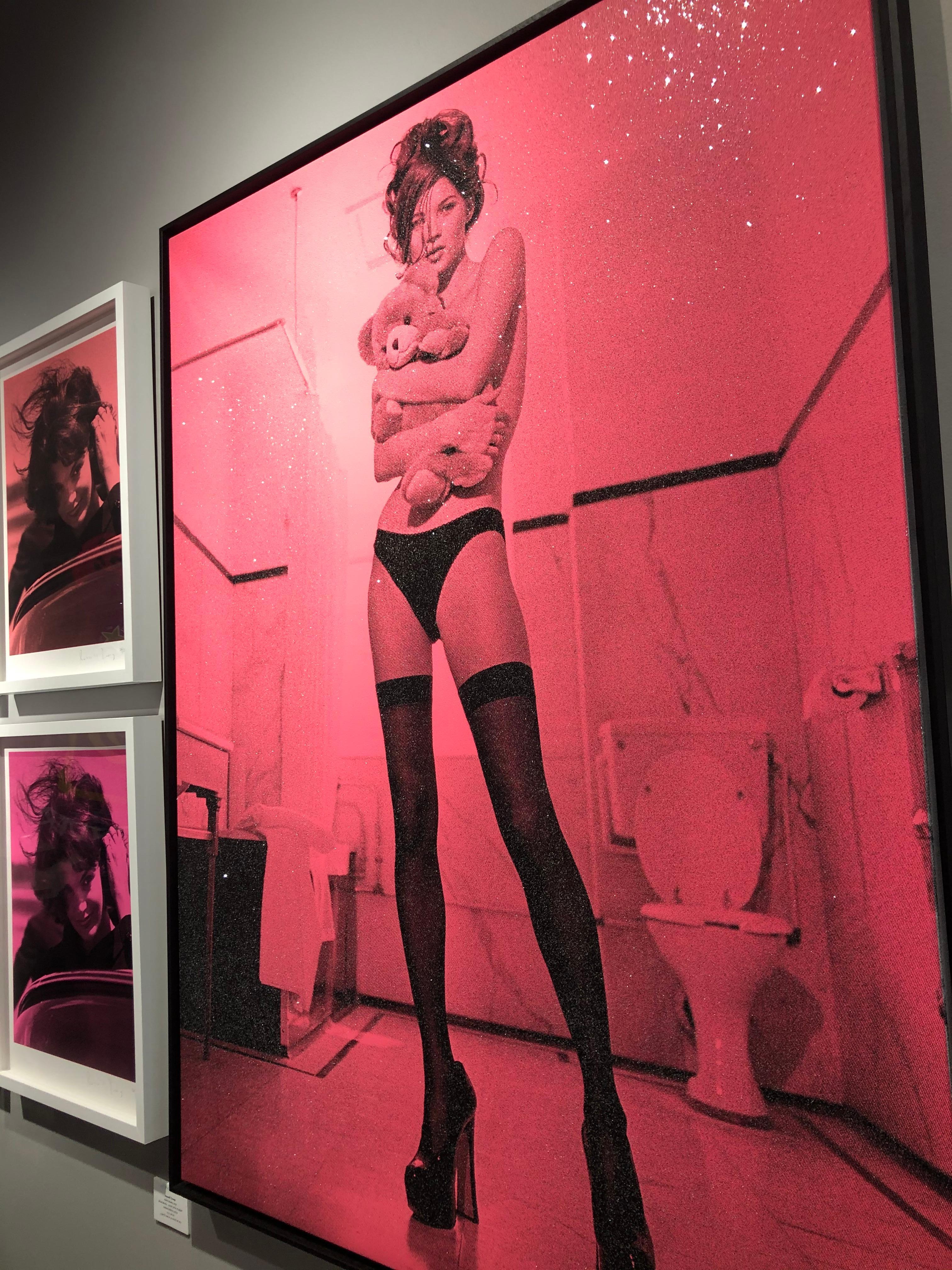 UNIQUE ARTWORK - pink 
Enamel and Diamond dust screen print on linen
Kate Moss series is probably one of the famous works that Russell has created .
His pieces have graced the auction block at Sotheby’s, Christie’s, and Phillips in both the United