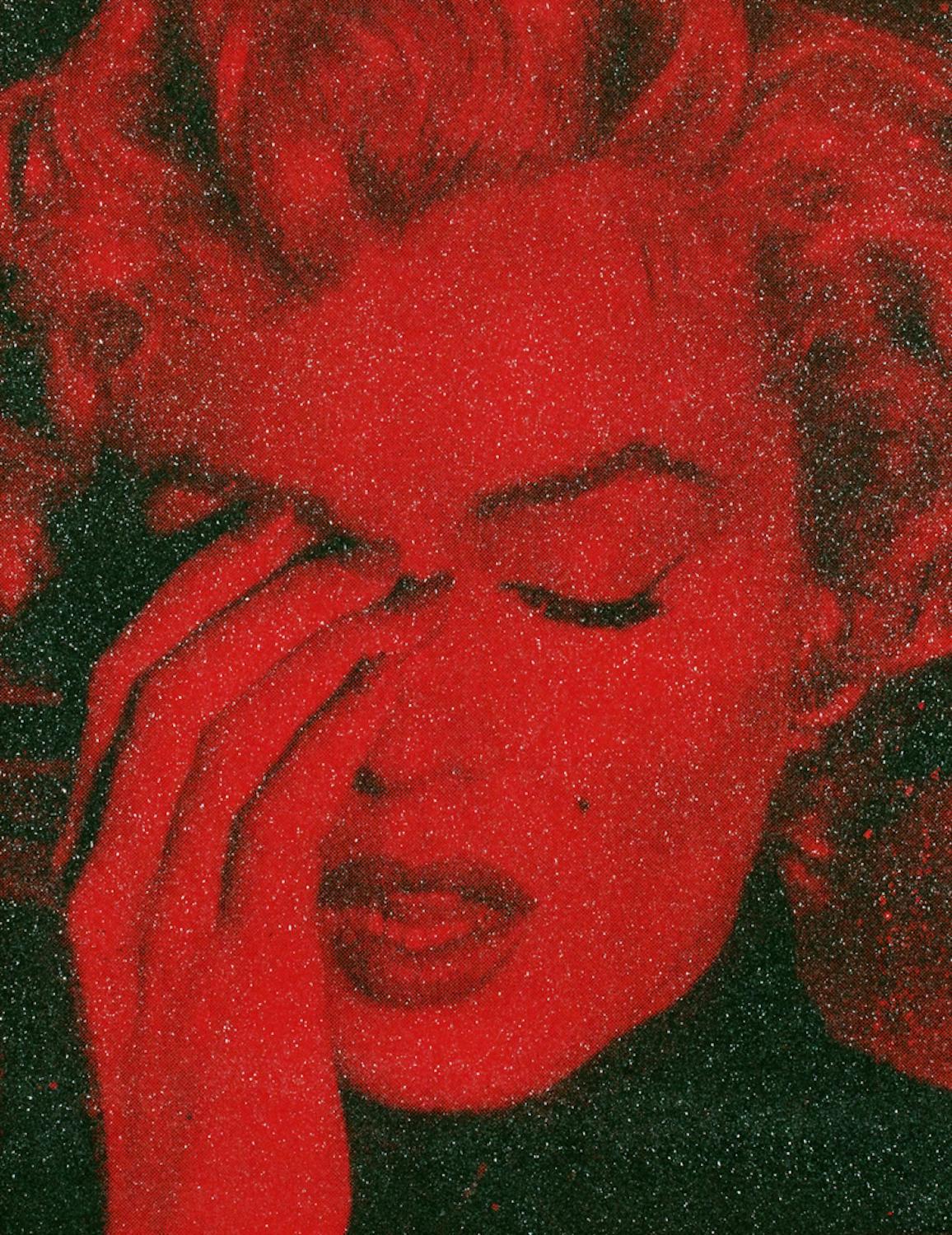 MARILYN CRYING - CALIFORNIA Blind Red Ltd Ed 3/4 - Diamond Dust on Linen/Framed - Mixed Media Art by Russell Young