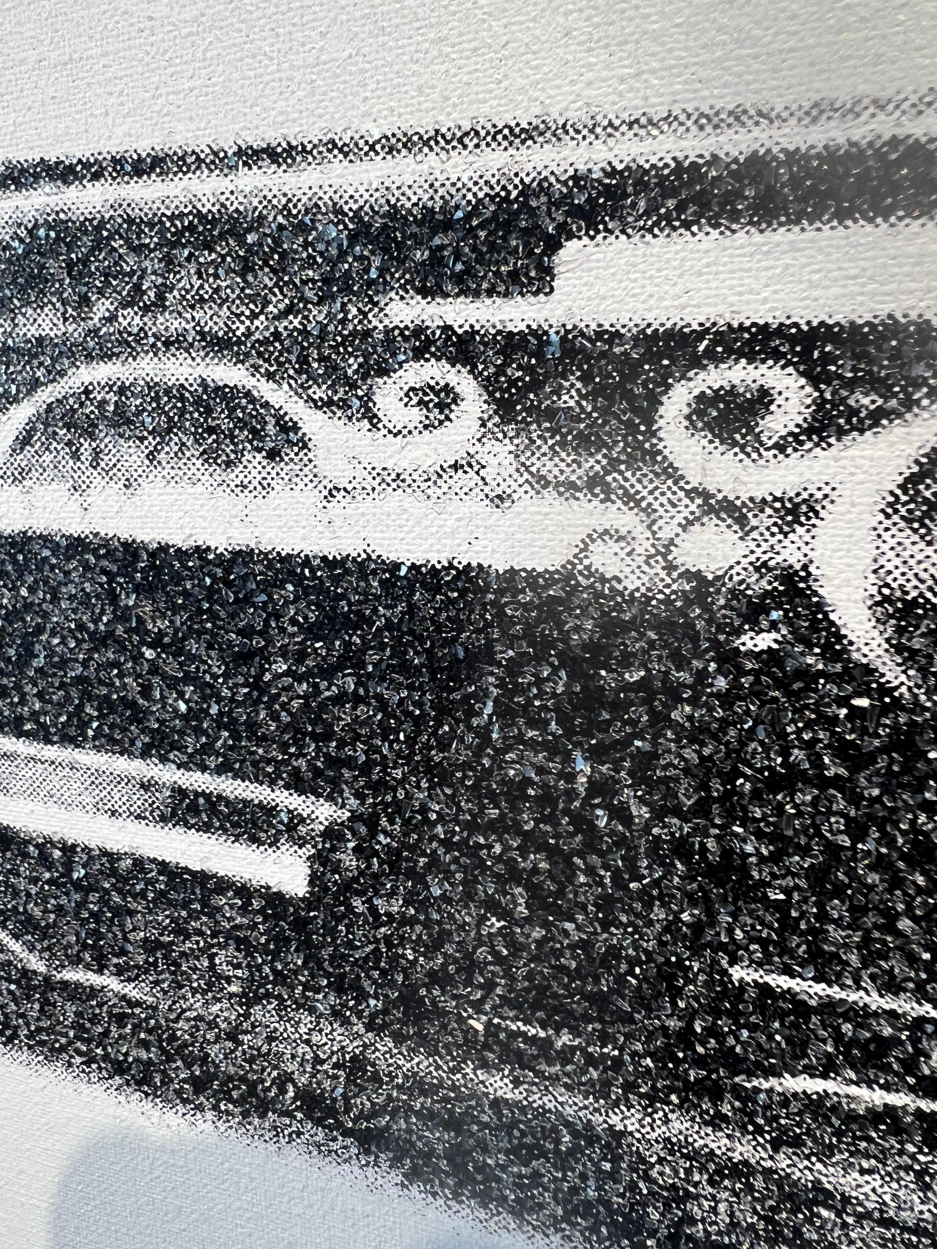 Obra original y única de Russell Young.
Pintura acrílica, esmalte y serigrafía de polvo de diamante sobre lino, dimensiones sin enmarcar 48 x 62 pulgadas, 2011, de la serie 