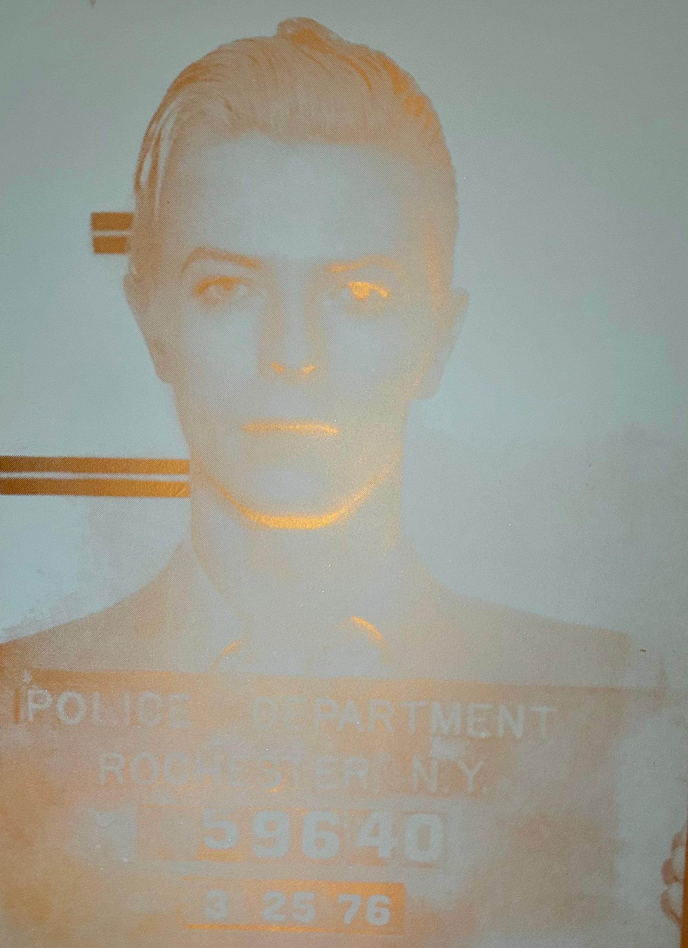 Mug Shot of David Bowie.  Hand pulled acrylic, enamel screen print and diamond dust on linen.   Floats in contemporary style black frame.  The custom paint creates very cool effect when hit by light as evidenced by the video and additional shots. 