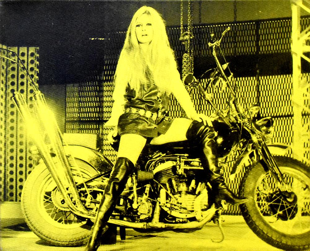 Russell Young Portrait Print - Bardot on Motorcyle (Green)