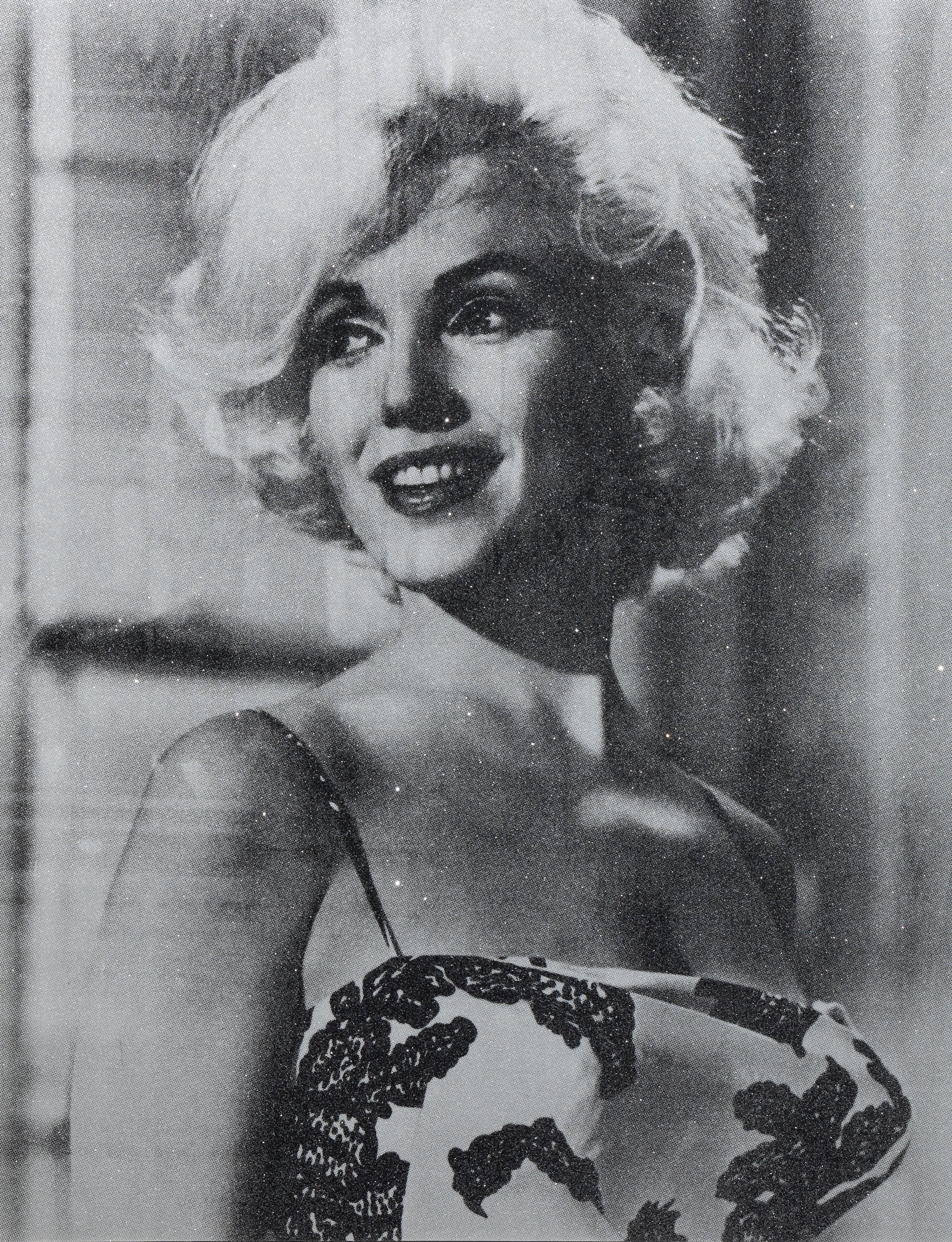 Marilyn Desire Live (B+W) - Monroe Portrait Diamond Dust Screenprint on Canvas - Mixed Media Art by Russell Young