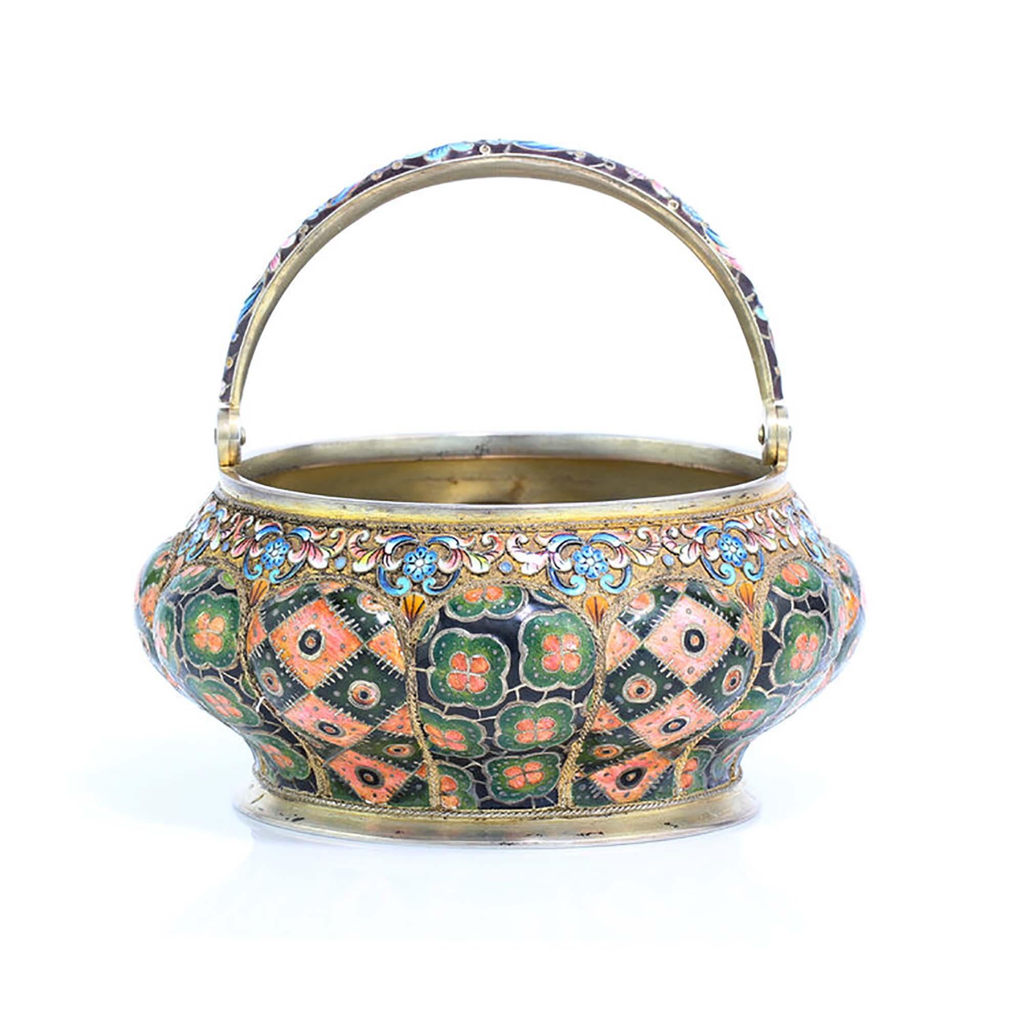 Russia Silver-Gilt and Cloisonné Enamel Sugar Bowl and Creamer For Sale 5