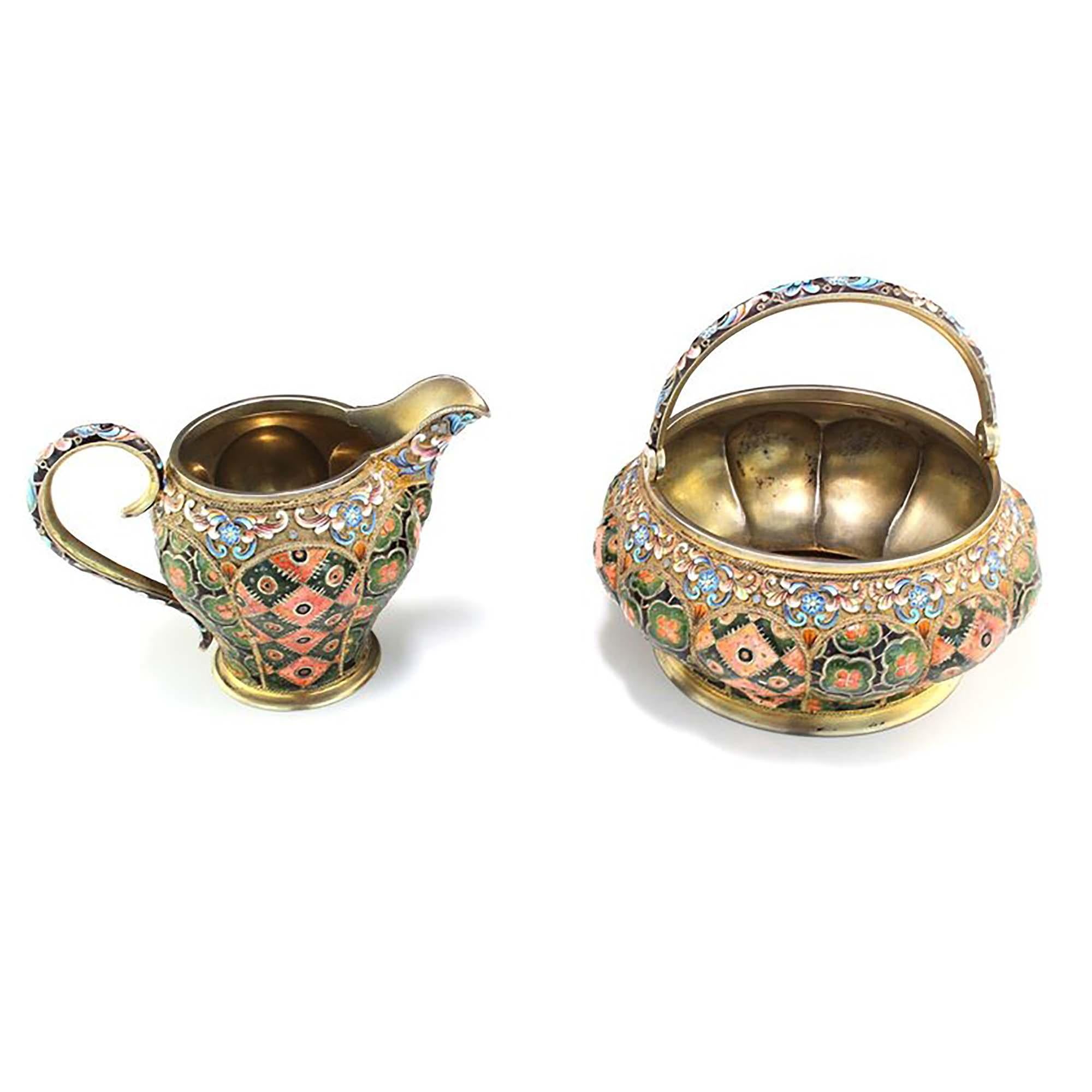 Russia Silver-Gilt and Cloisonné Enamel Sugar Bowl and Creamer For Sale 13