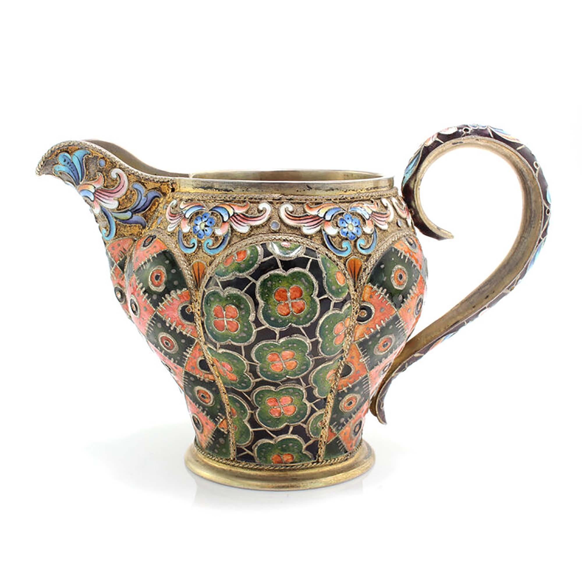 Russia silver-gilt and cloisonné enamel sugar bowl and creamer, 6th Artel, Moscow, 1908-1917.

Silver-gilt with beautiful enamel workmanship, they're just the perfect pairing for tea with friends or tea alone. They can also bee used as coffee