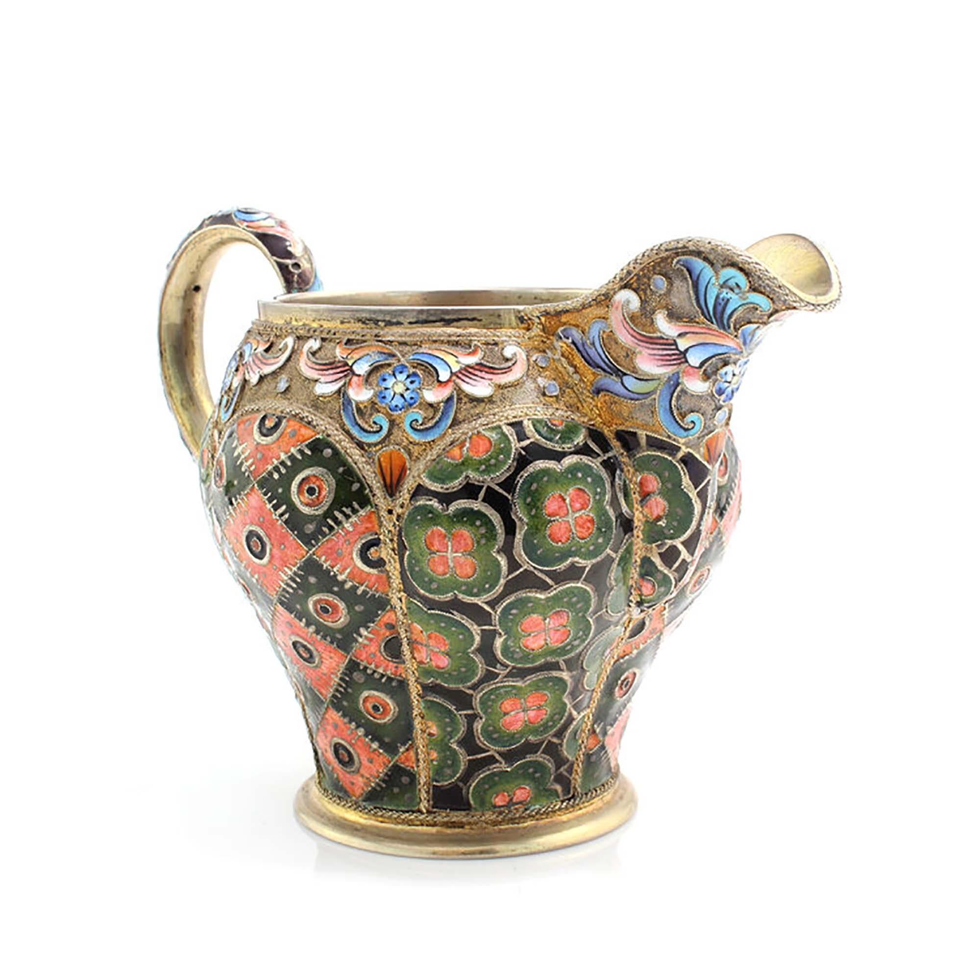 Enameled Russia Silver-Gilt and Cloisonné Enamel Sugar Bowl and Creamer For Sale