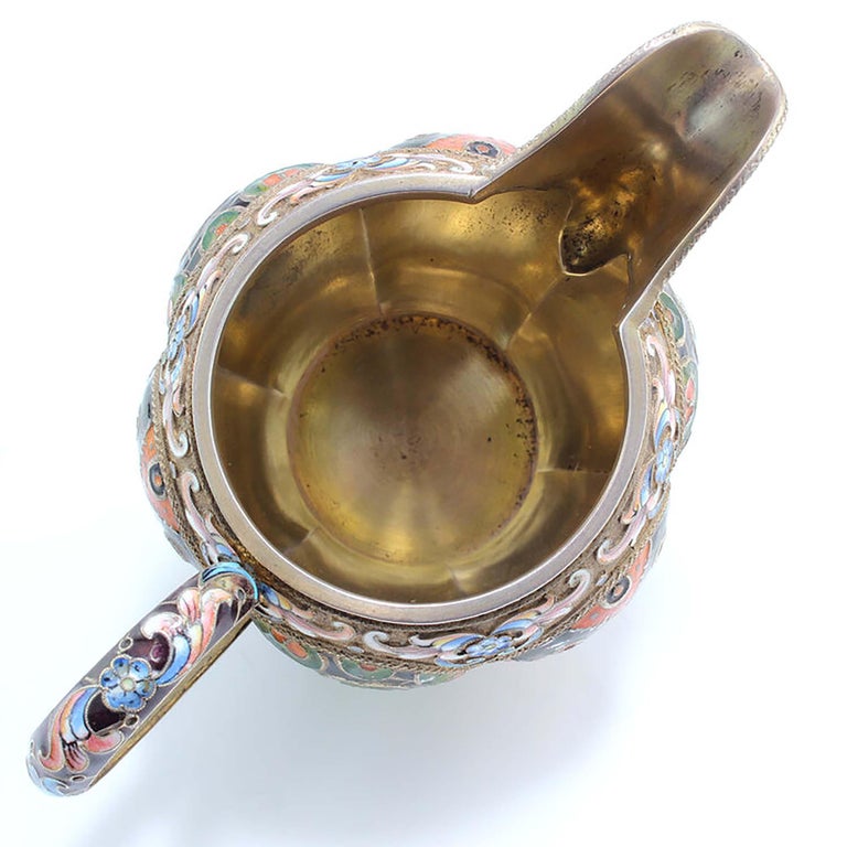 Russia Silver-Gilt and Cloisonné Enamel Sugar Bowl and Creamer For Sale 1