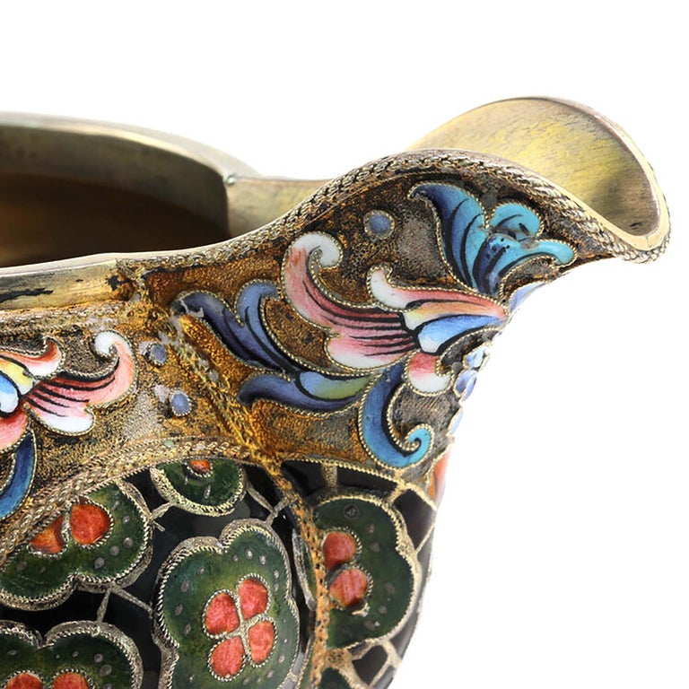 Russia Silver-Gilt and Cloisonné Enamel Sugar Bowl and Creamer For Sale 2