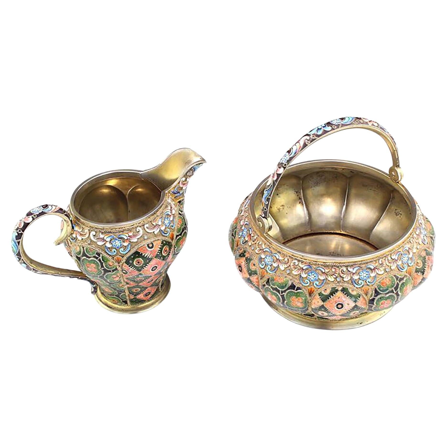 Russia Silver-Gilt and Cloisonné Enamel Sugar Bowl and Creamer For Sale