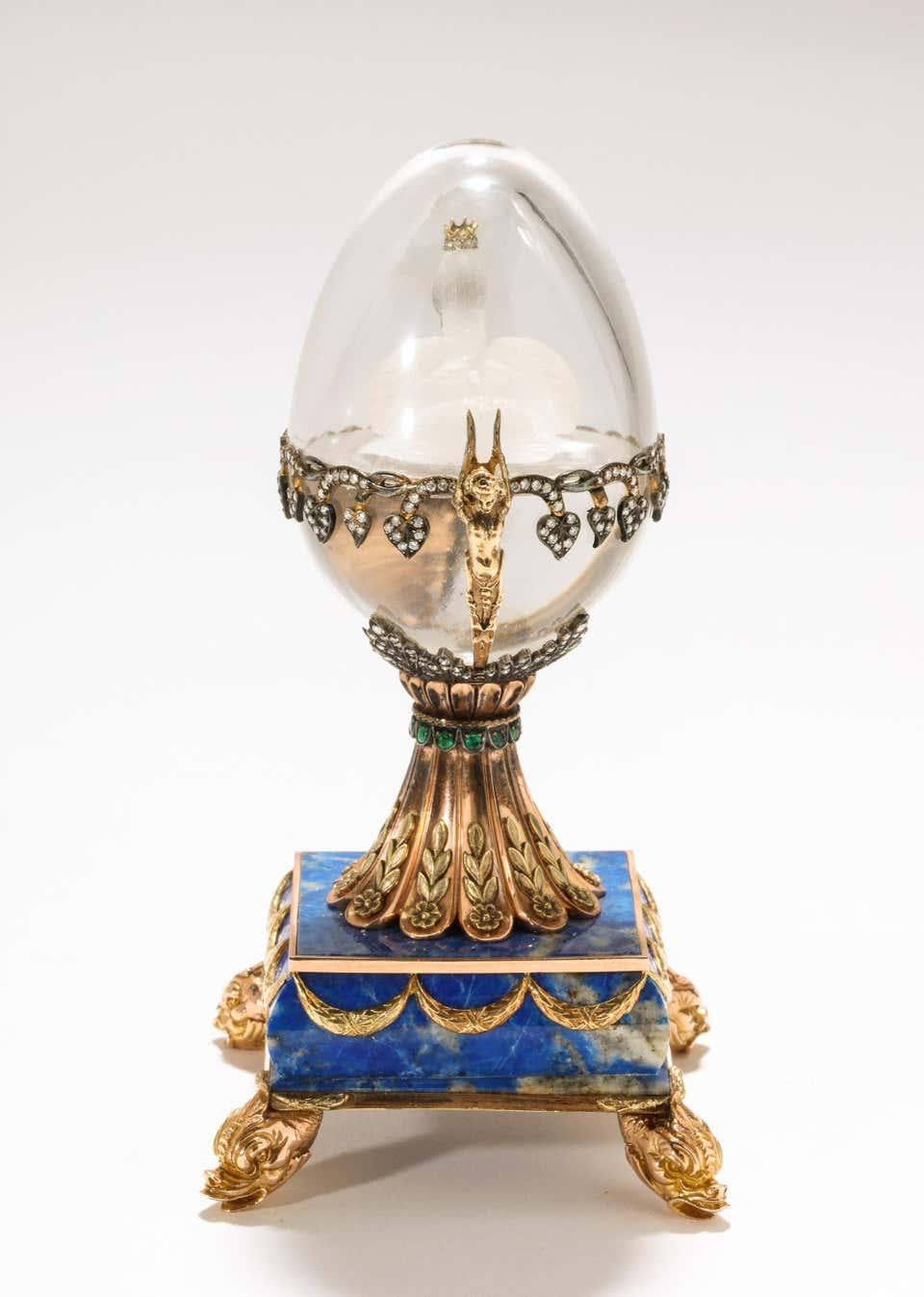 Russian 14 Karat Gold, Diamonds, Emeralds, Lapis Lazuli and Glass Egg with Swan 5