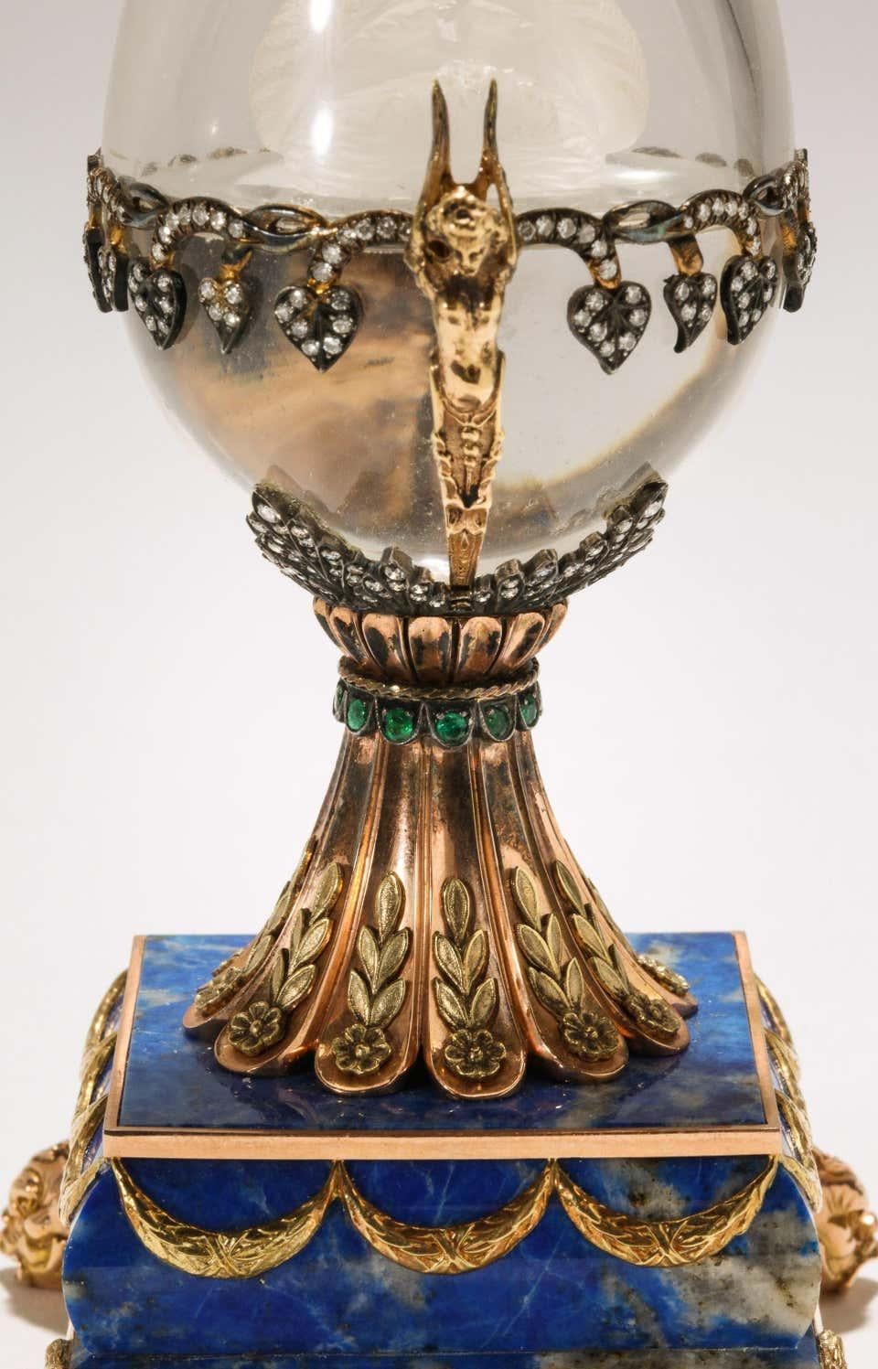Russian 14 Karat Gold, Diamonds, Emeralds, Lapis Lazuli and Glass Egg with Swan 6