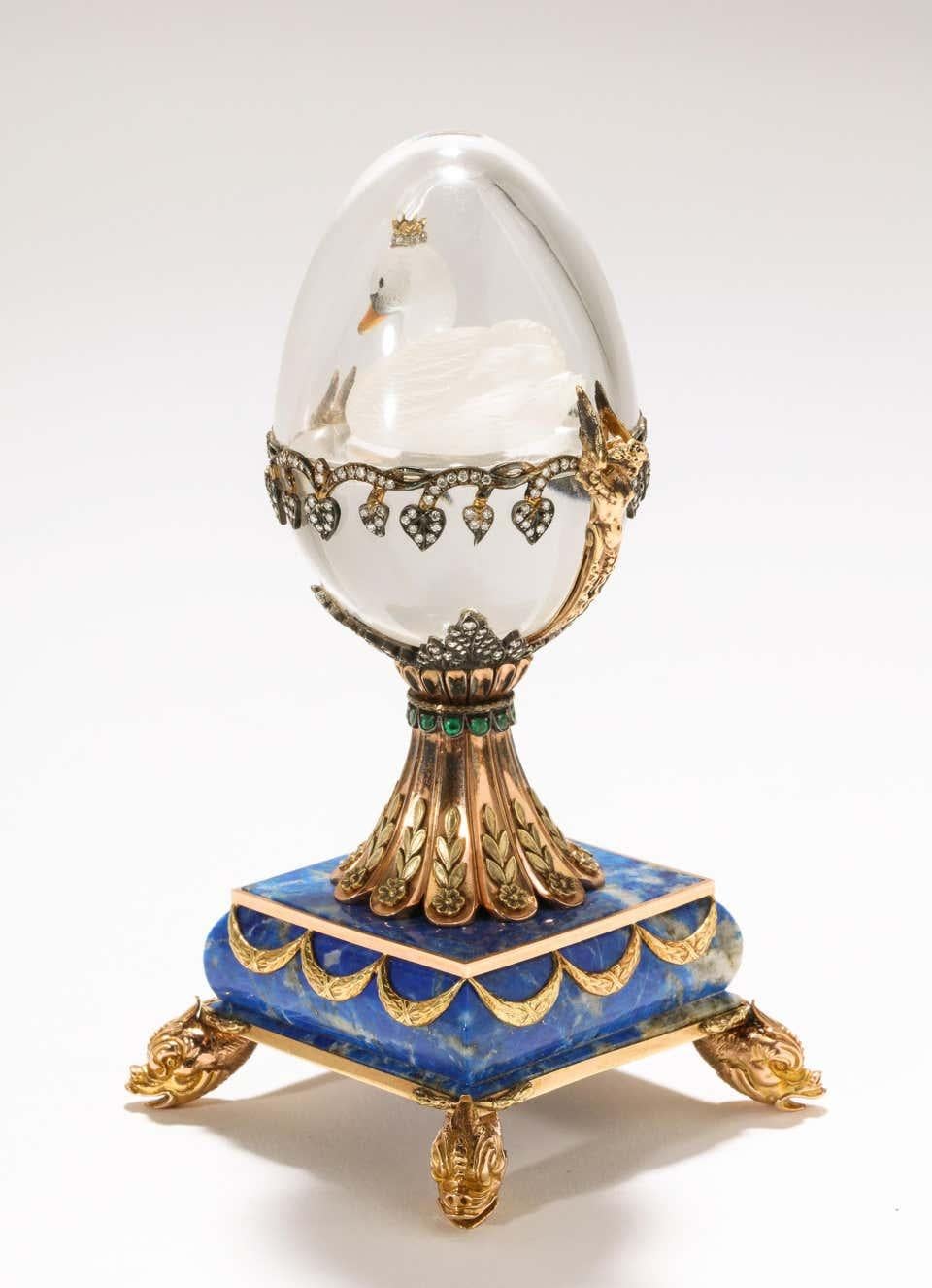 Russian 14 Karat Gold, Diamonds, Emeralds, Lapis Lazuli and Glass Egg with Swan 7