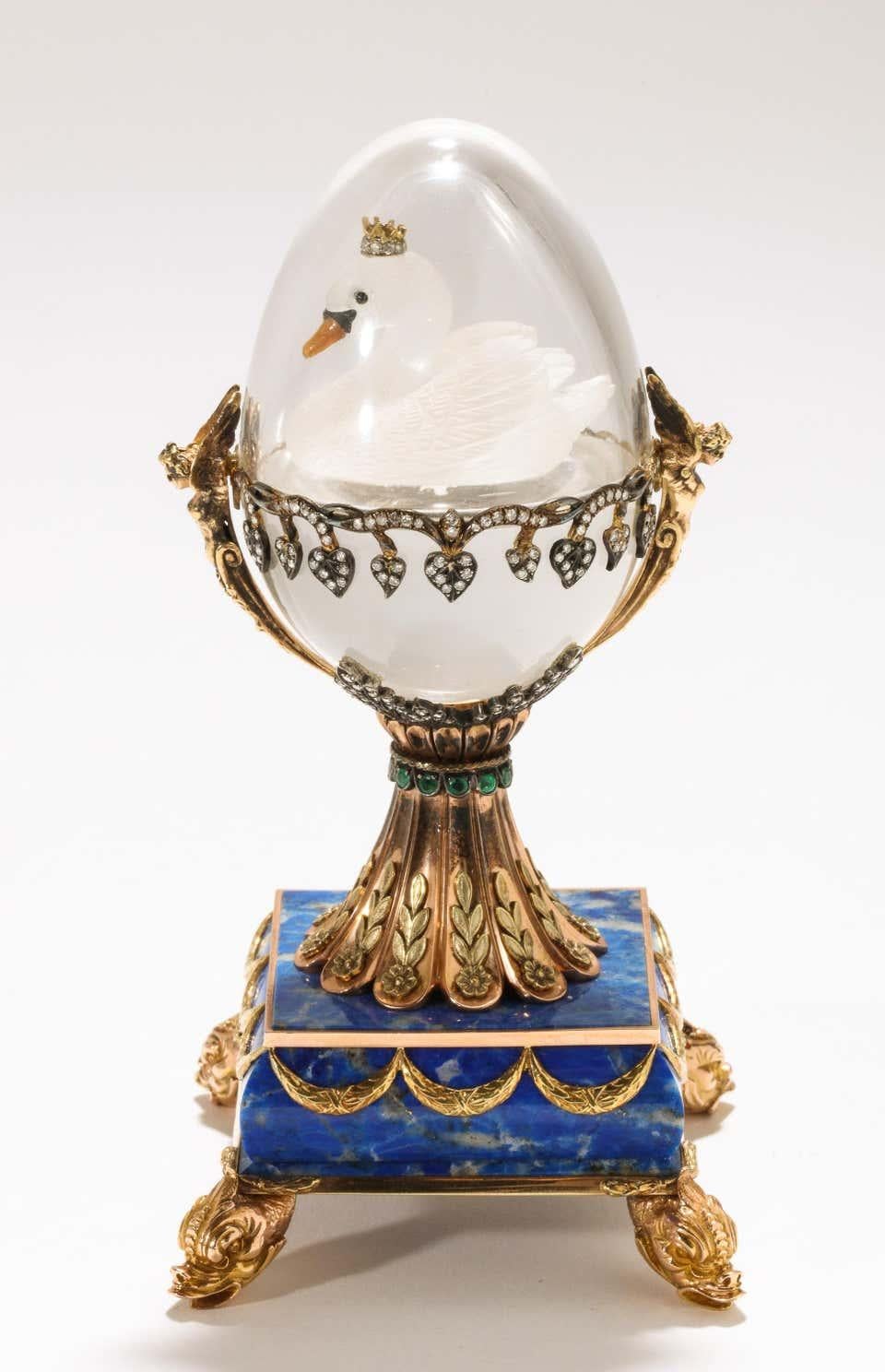Russian 14 Karat Gold, Diamonds, Emeralds, Lapis Lazuli and Glass Egg with Swan 8