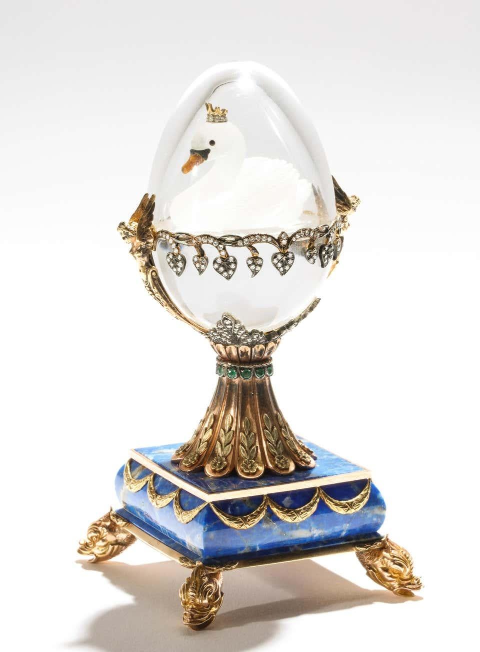 Emerald Cut Russian 14 Karat Gold, Diamonds, Emeralds, Lapis Lazuli and Glass Egg with Swan