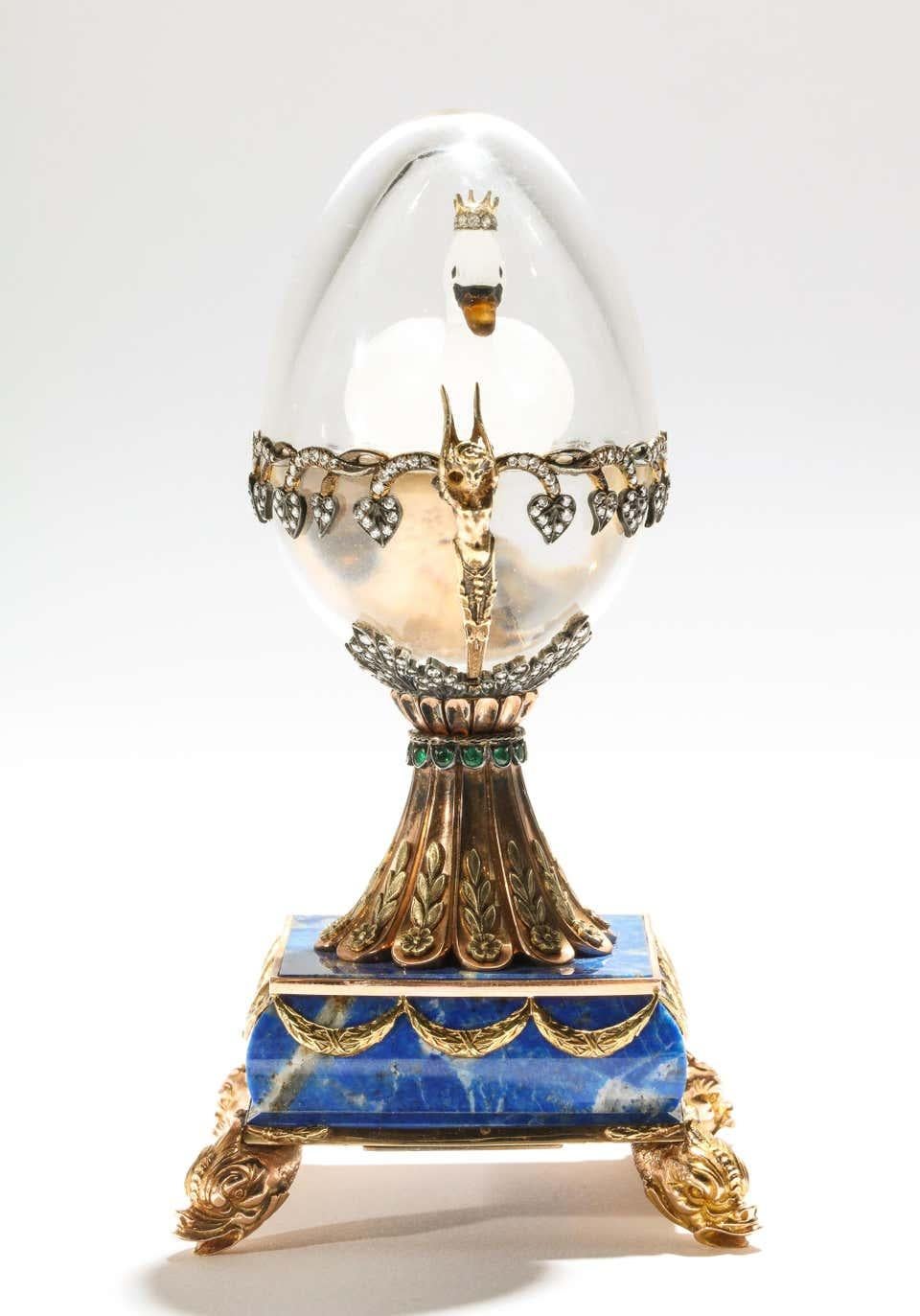 Russian 14 Karat Gold, Diamonds, Emeralds, Lapis Lazuli and Glass Egg with Swan 1