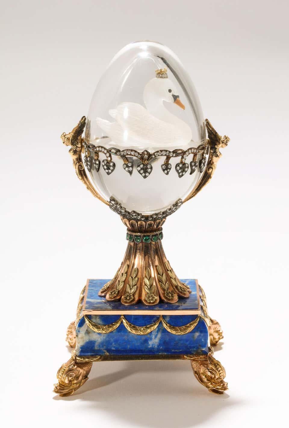 Russian 14 Karat Gold, Diamonds, Emeralds, Lapis Lazuli and Glass Egg with Swan 3