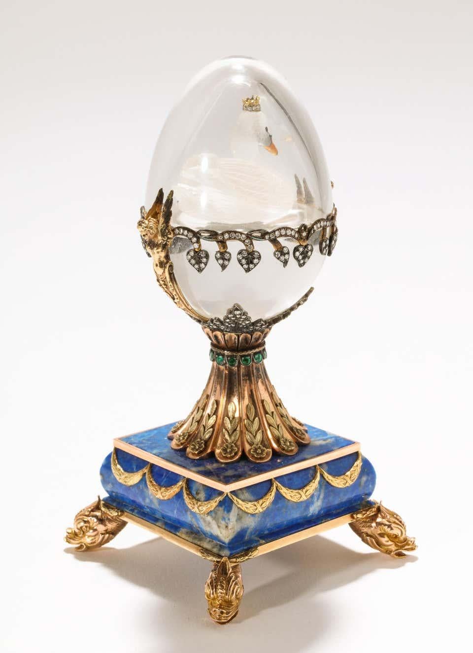 Russian 14 Karat Gold, Diamonds, Emeralds, Lapis Lazuli and Glass Egg with Swan 4