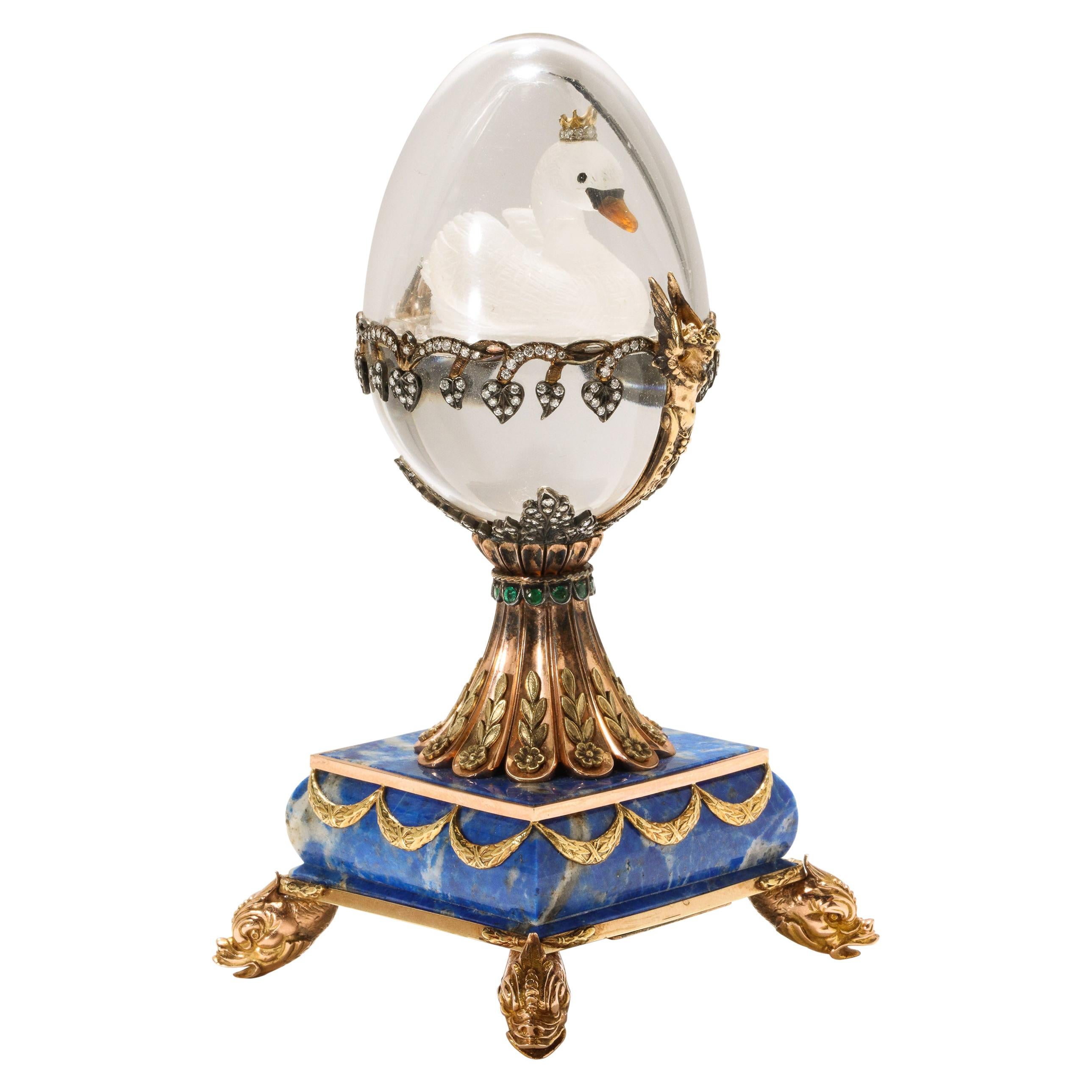 Russian 14-Karat Gold, Diamonds, Emeralds, Lapis Lazuli and Glass Egg with Swan