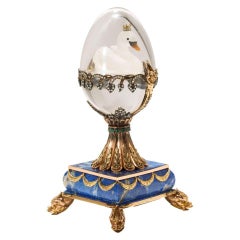 Russian 14 Karat Gold, Diamonds, Emeralds, Lapis Lazuli and Glass Egg with Swan