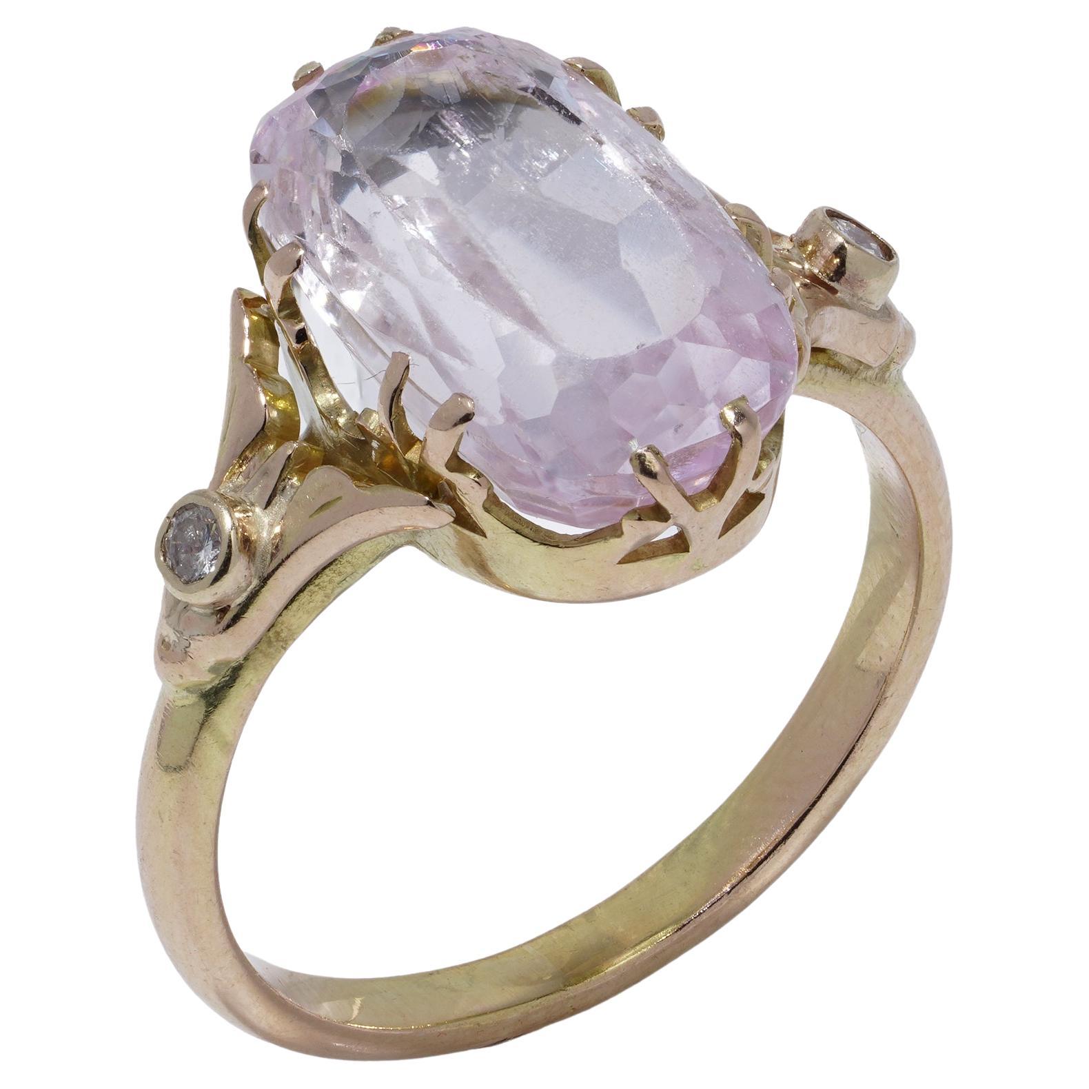 Russian 14K Gold 4.00 ct. Kunzite and Diamond Ring