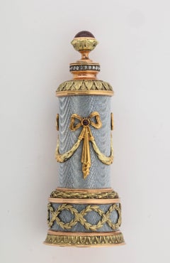Russian 14K Vari Gold, Silver, Diamond, Guilloche Enamel, & Ruby Perfume Bottle