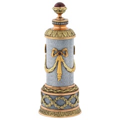 Russian 14K Vari Gold, Silver, Diamond, Guilloche Enamel, & Ruby Perfume Bottle