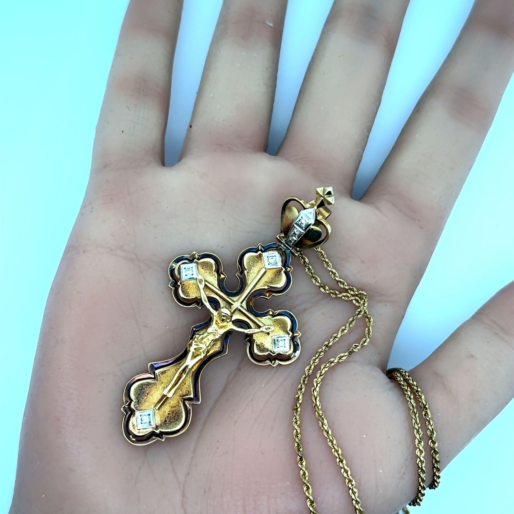 Contemporary Russian 14k Yellow Gold Diamond Jesus-on-Cross Pendant Necklace, Circa 1950’s For Sale