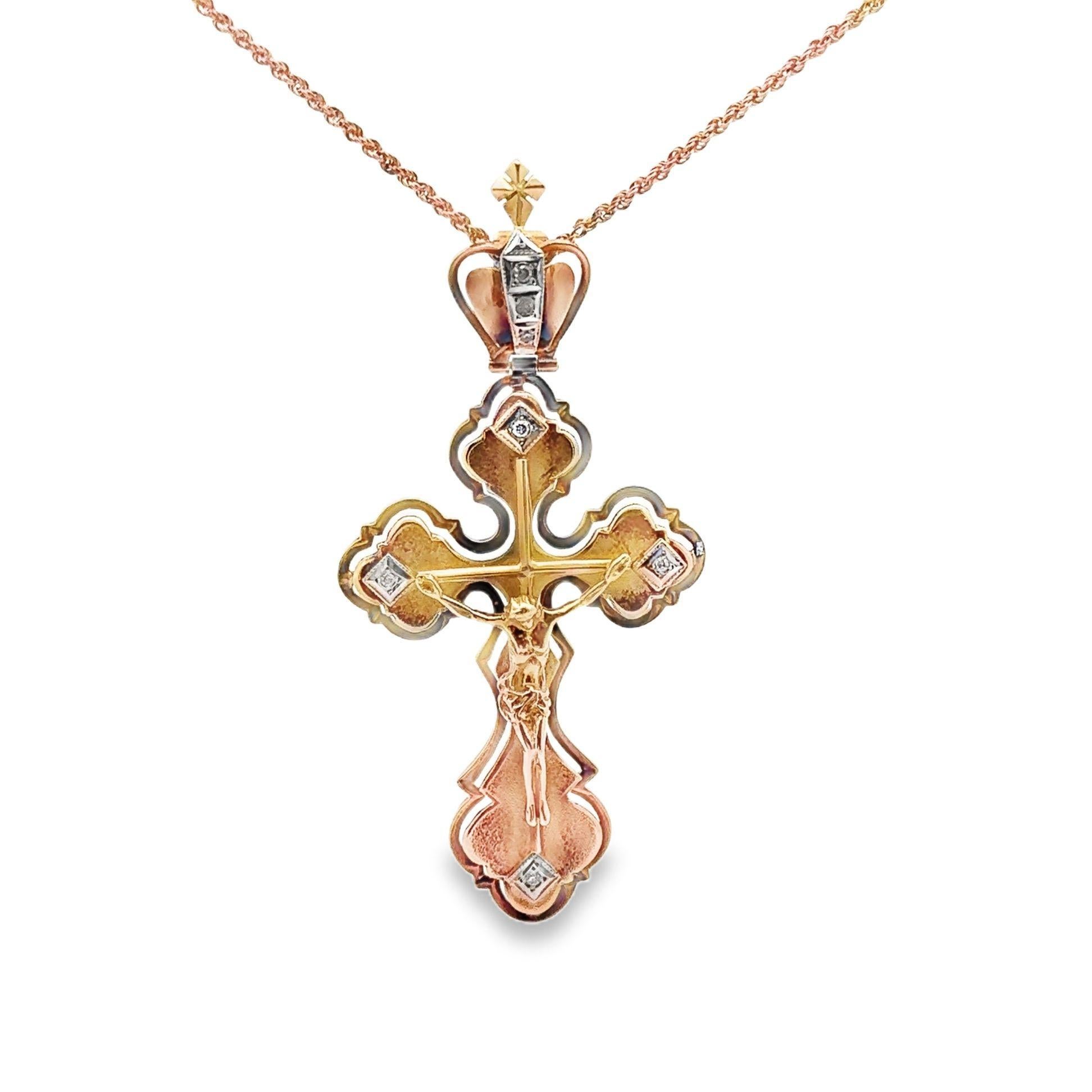 Round Cut Russian 14k Yellow Gold Diamond Jesus-on-Cross Pendant Necklace, Circa 1950’s For Sale