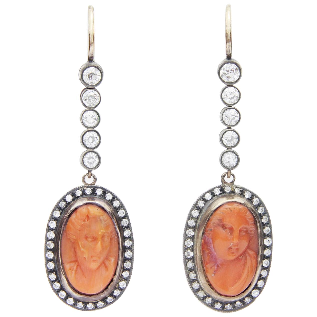 Russian 18 Karat Rose Gold, Diamond and Cameo Earrings For Sale