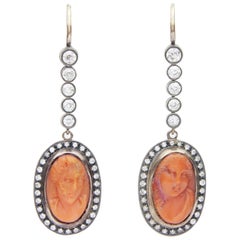 Antique Russian 18 Karat Rose Gold, Diamond and Cameo Earrings