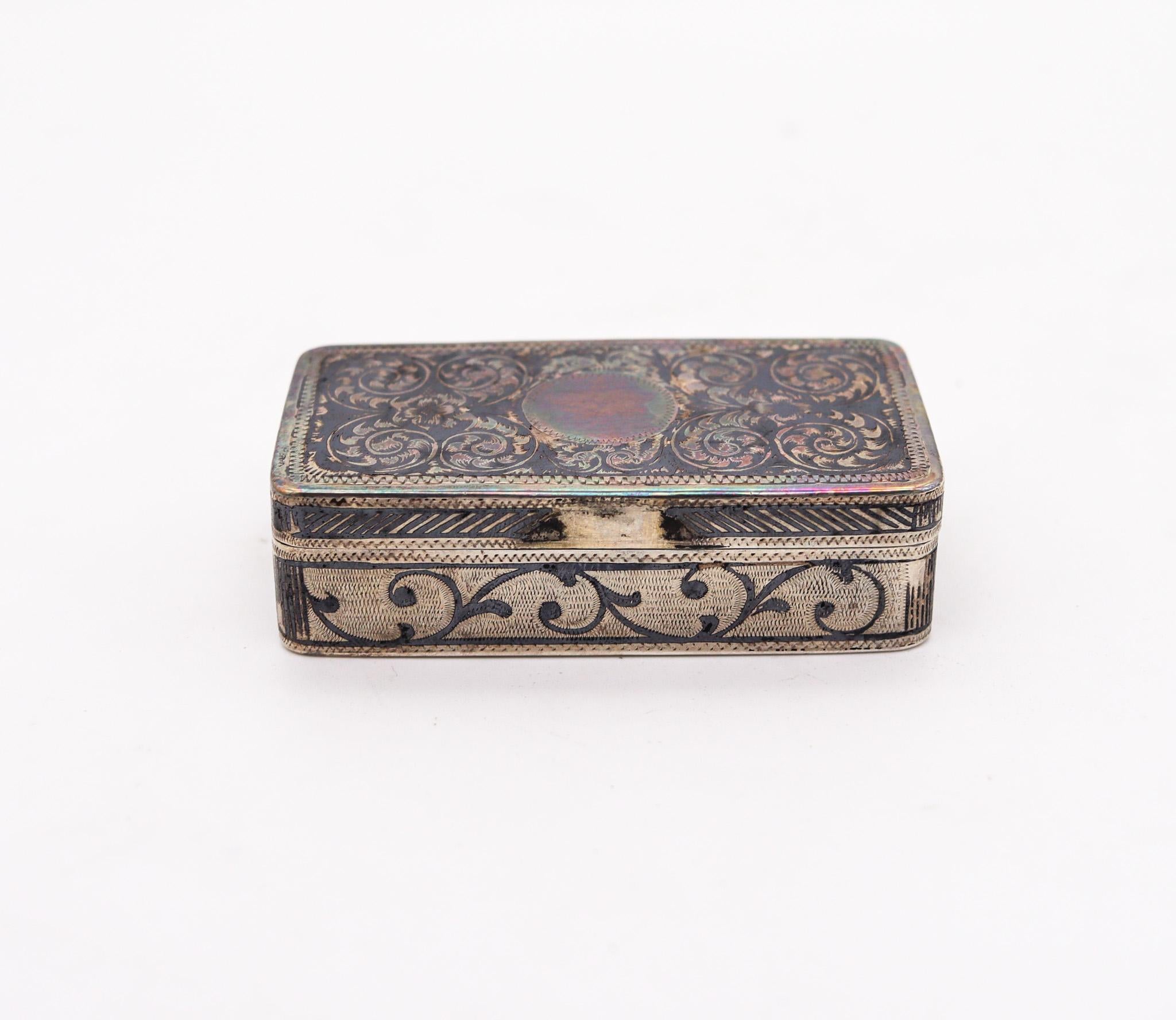 Russian snuff box designed by Ivan Sergeyevich Lebedkin.

Beautiful snuff box, created in Moscow Russia, at the workshop of Ivan Sergeyevich Lebedkin, active between the 1898 to 1914. This piece has been carefully crafted in the Russian style, in