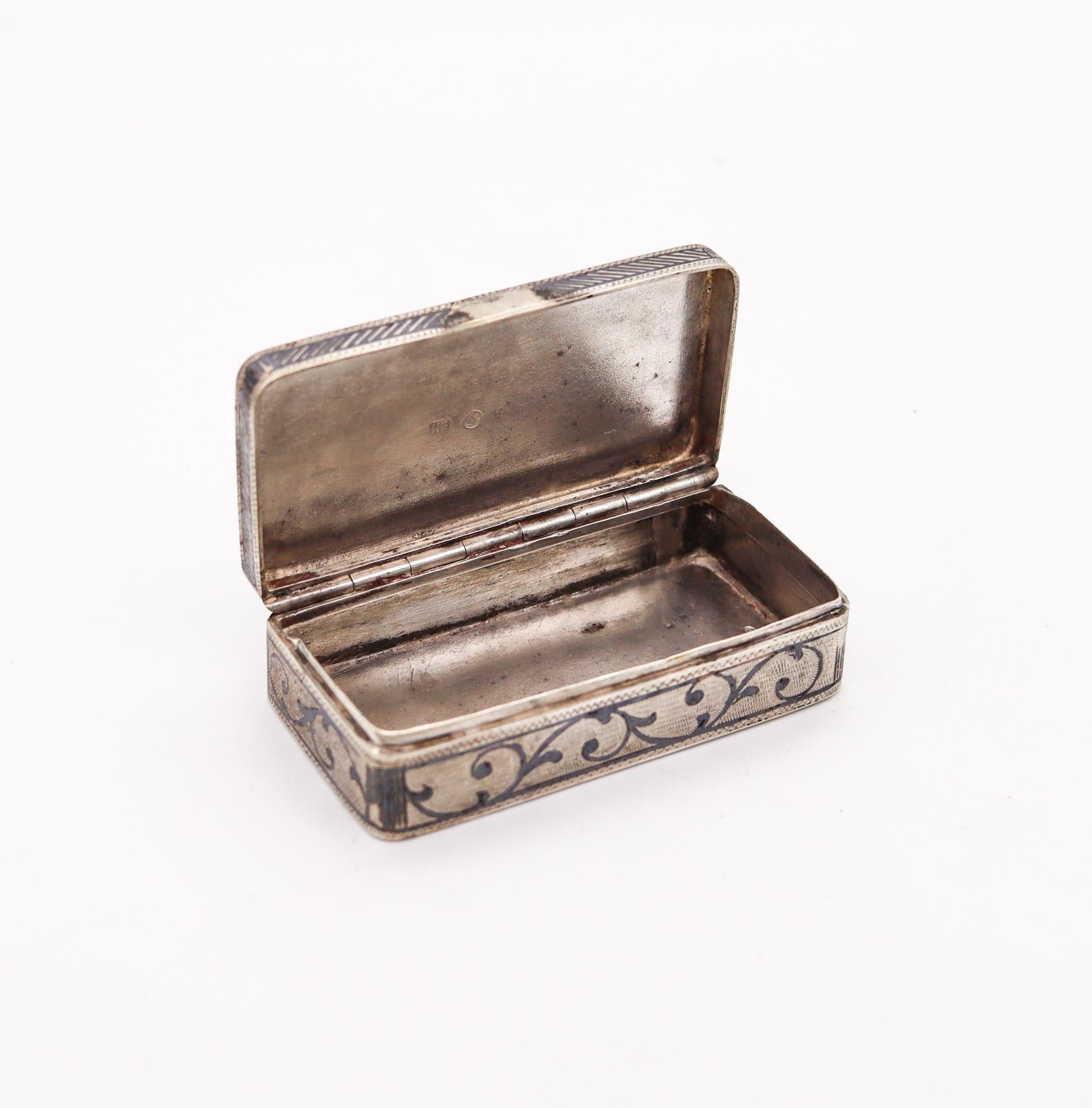 Neoclassical Russian 1898 Moscow Niello Rectangular Snuff Box in .875 Sterling Silver For Sale