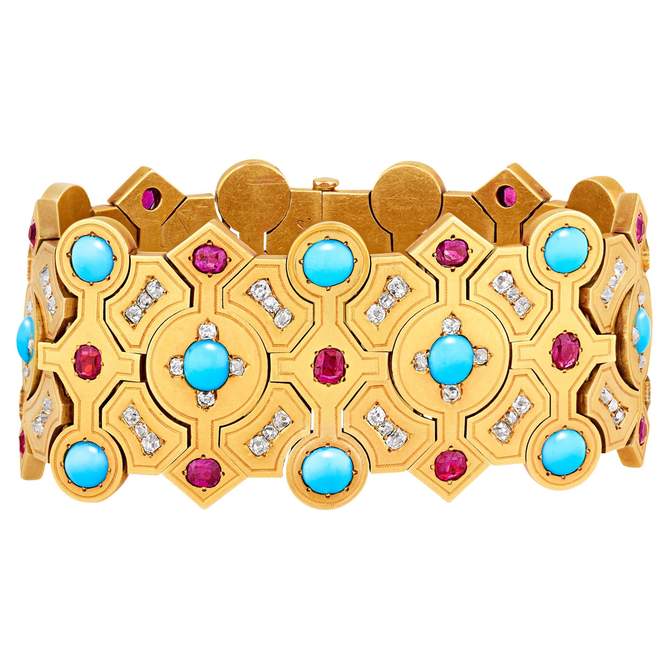 Bracelet russe en or 18K, diamants et turquoise