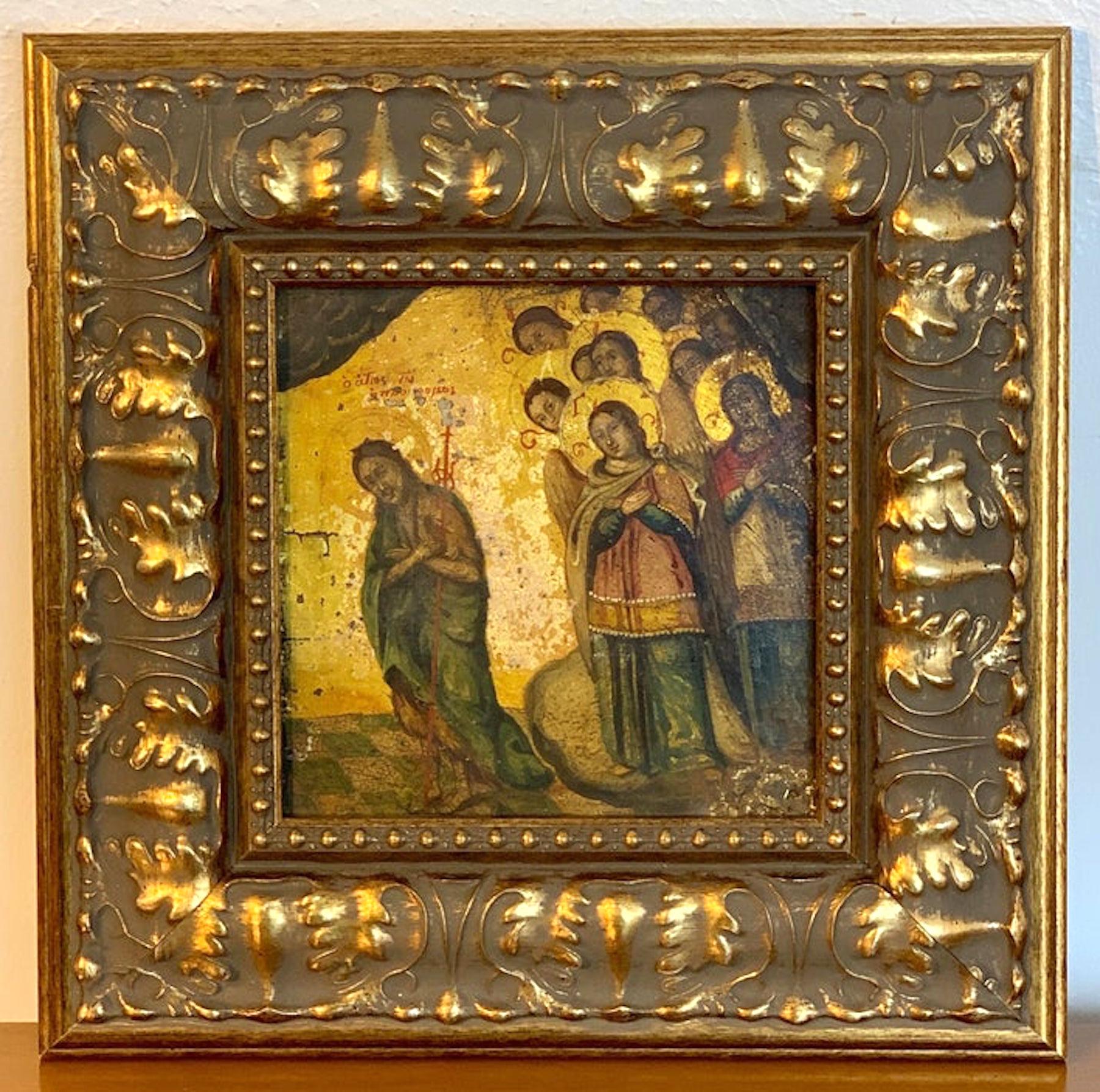 Russian 18th-19th century icon of anastasis, later gitwood frame 
A fine example of the Resurrection or Anastasis, beautifully painted and inscribed, in untouched antique condition. 
Measures: 8