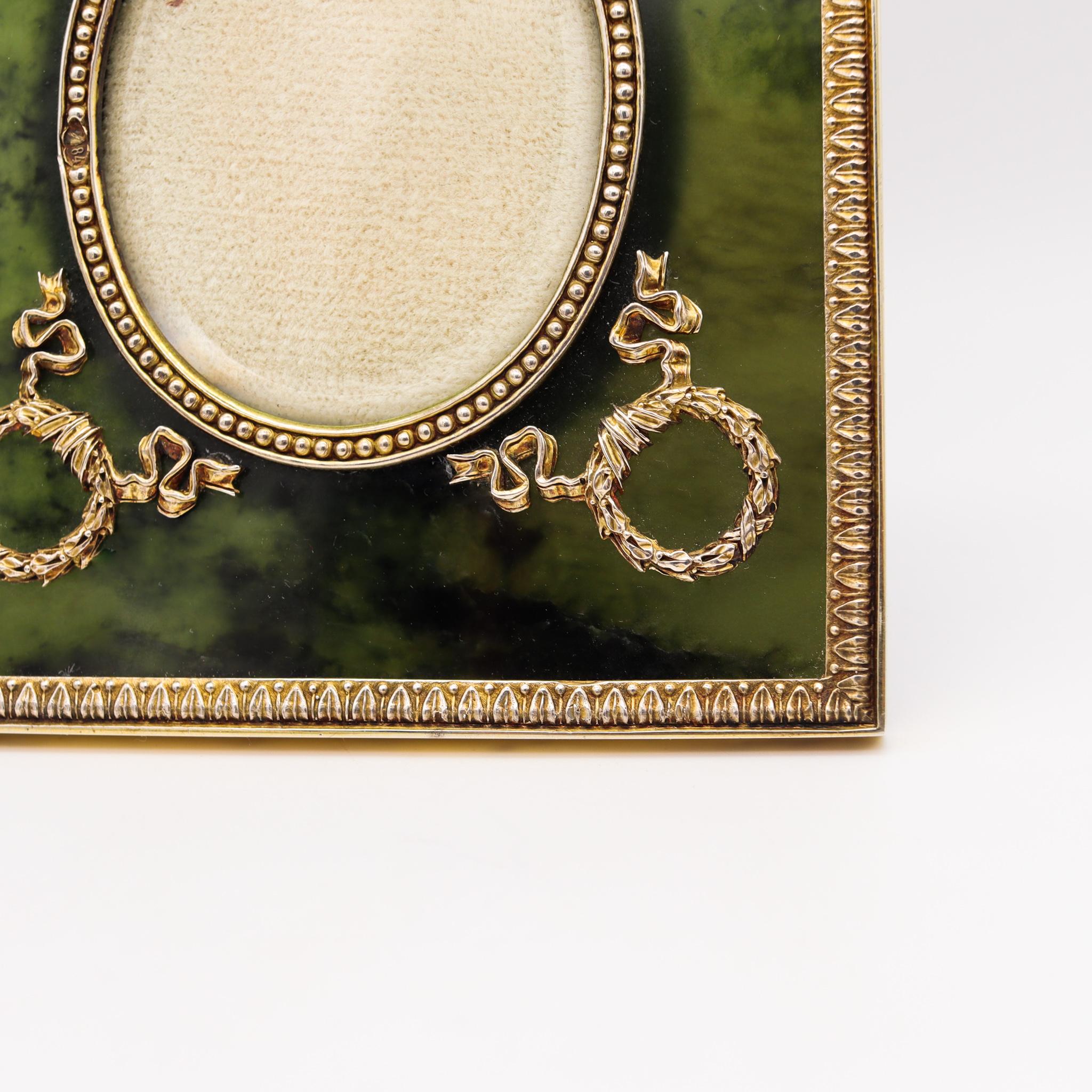 Hand-Carved Russian 1915 Moscow Nephrite Jade Desk Picture Frame Mounted in Gilded Silver For Sale