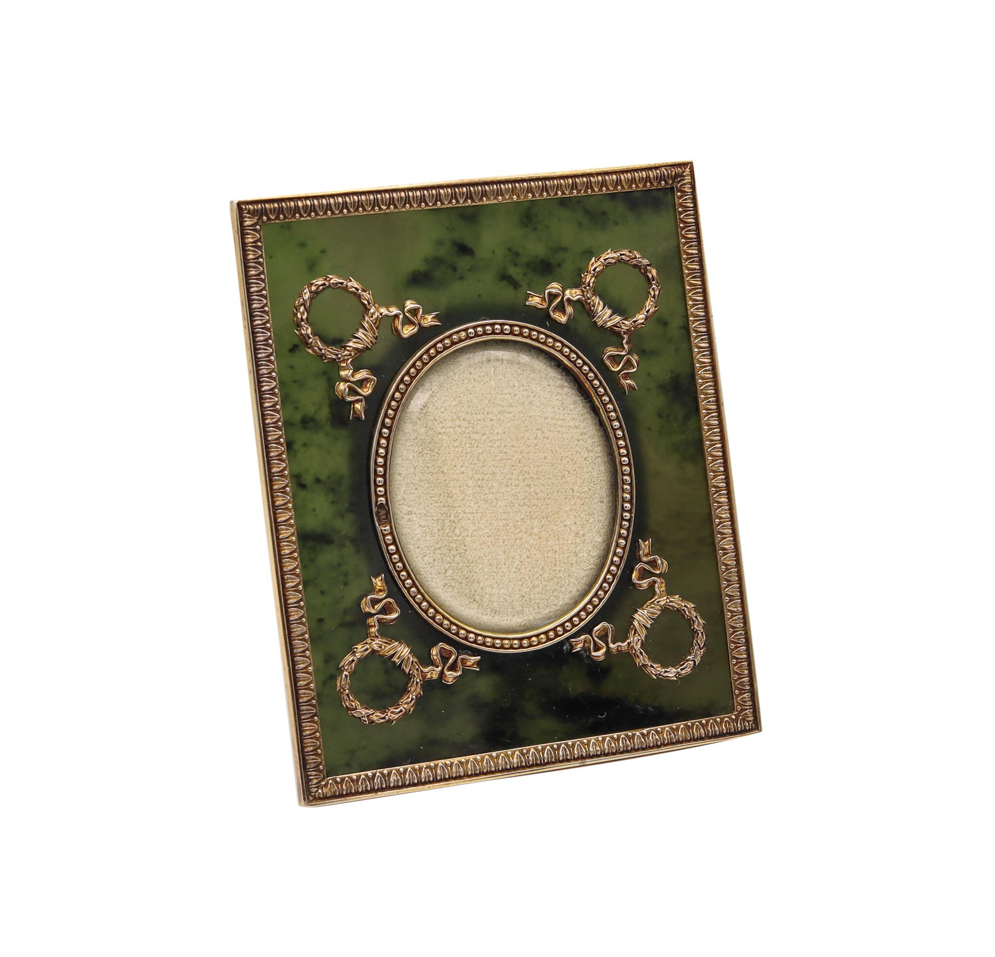 Neoclassical Russian 1915 Moscow Nephrite Jade Desk Picture Frame Mounted in Gilded Silver For Sale