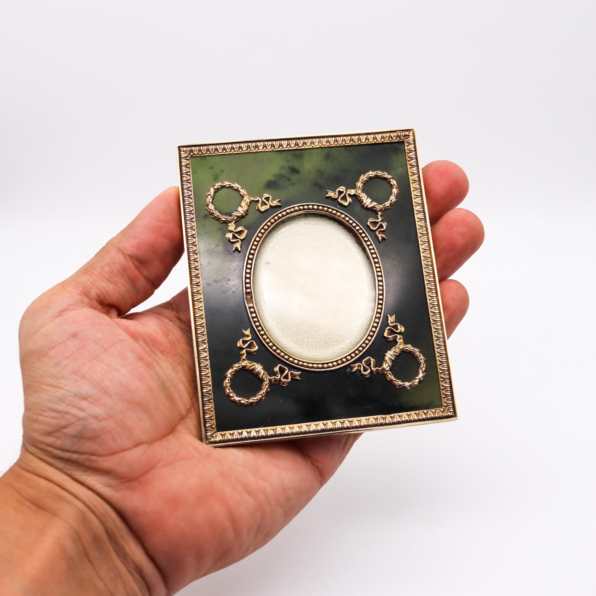 Mixed Cut Russian 1915 Moscow Nephrite Jade Desk Picture Frame Mounted in Gilded Silver For Sale