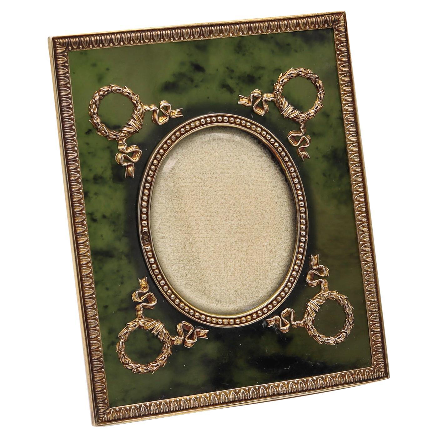 Russian 1915 Moscow Nephrite Jade Desk Picture Frame Mounted in Gilded Silver