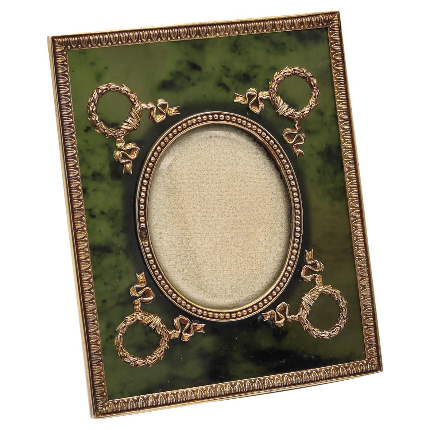 Russian 1915 Moscow Nephrite Jade Desk Picture Frame Mounted in Gilded Silver For Sale